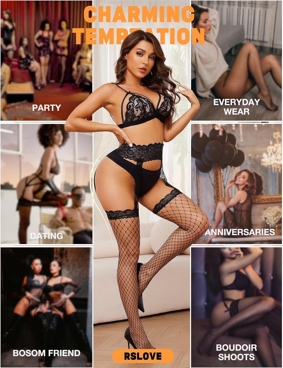 RSLOVE Fishnet Stockings for Women - Lace Top Thigh High Stockings Suspender Pantyhose with Antiskid Silicone - Image 5