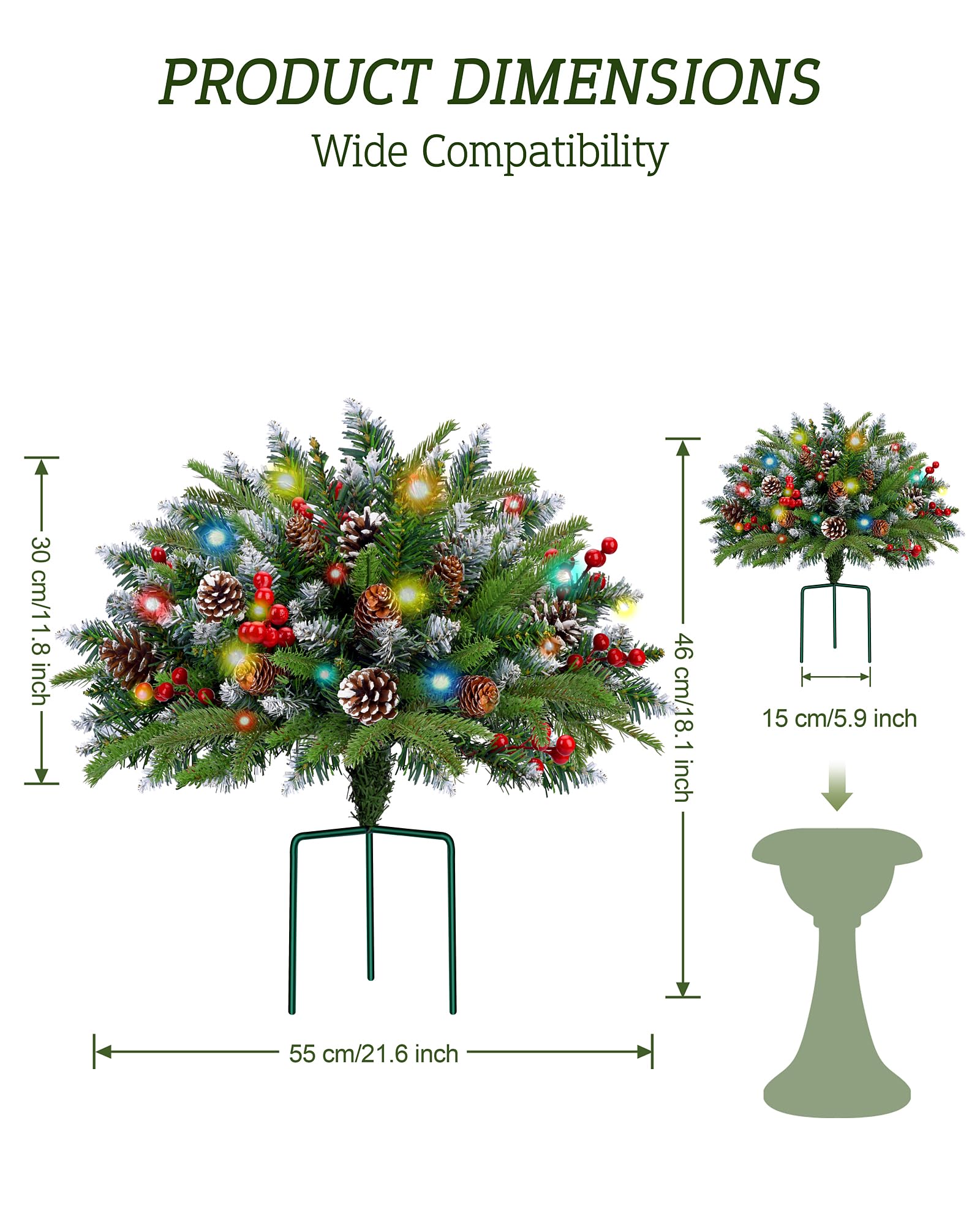 Juego de 2 rellenos de macetas de Navidad para porche delantero al aire libre, árbol de Navidad artificial preiluminado con control remoto, rellenos de macetas navideñas con temporizador