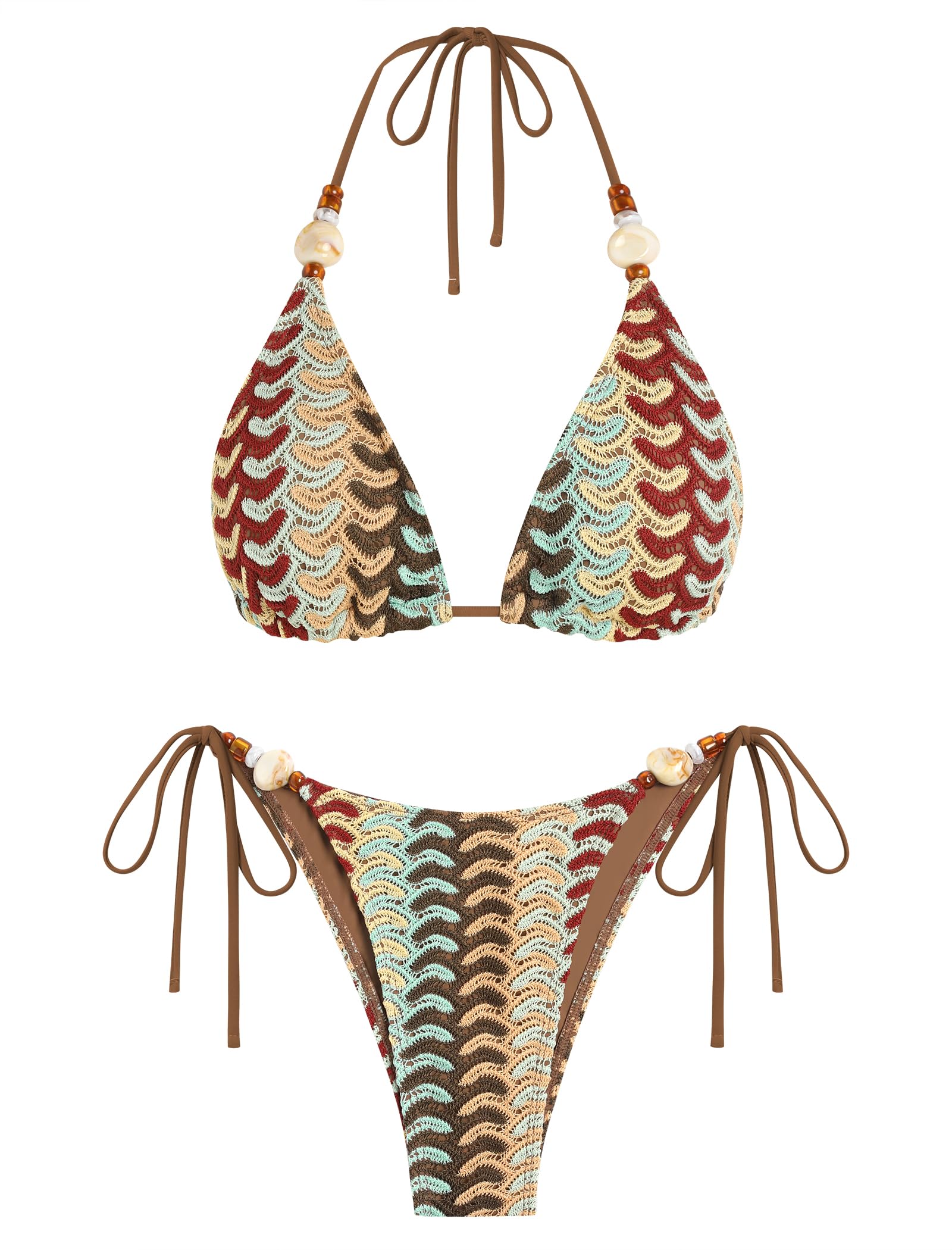 ZAFUL Womens Bikini Sets Beads Triangle Swimsuits 2 Piece String High Cut Cheeky Bathing Suits