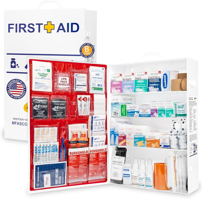 MFASCO Botiquín de primeros auxilios para el lugar de trabajo Gabinete de metal de 4 estantes con medicamentos | ANSi/OSHA Z308.1-2021 El kit de 4 estantes Clase B mantiene los suministros organizados y de fácil acceso para una respuesta rápida en el lugar de trabajo | 688 piezas