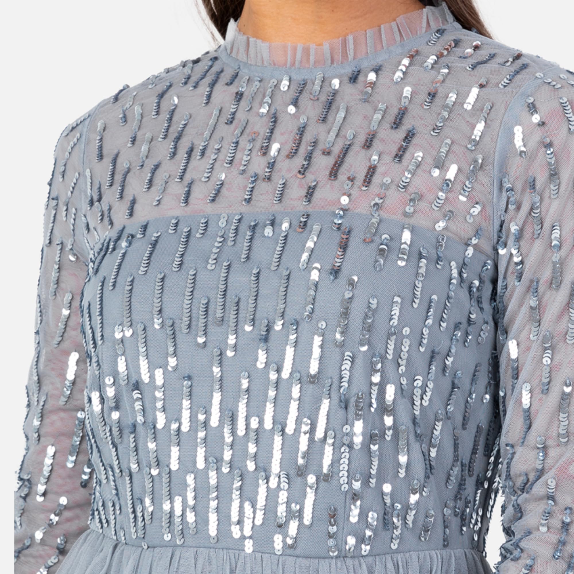 Women's Maxi Dress Ladies Modest High Neck Long Sleeve Tulle Sequin Embellished A-Line Wedding Guest Bridesmaid Prom