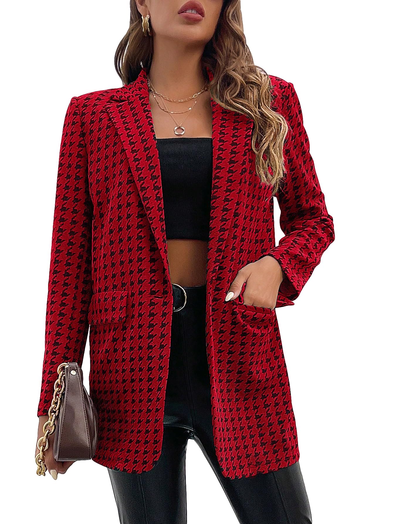 WDIRARA Womens Houndstooth Print Lapel Collar Single Button Work Office Jacket Blazer