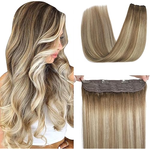 XDhair Wire Hair Extensions 70g 16 Inch Hairpiece Balayage Blonde Real Human Hair Extensions with Invisible Secret Fish Wire,Walnut Brown to Ash Brown and Blonde #3/8/22 16 Inch