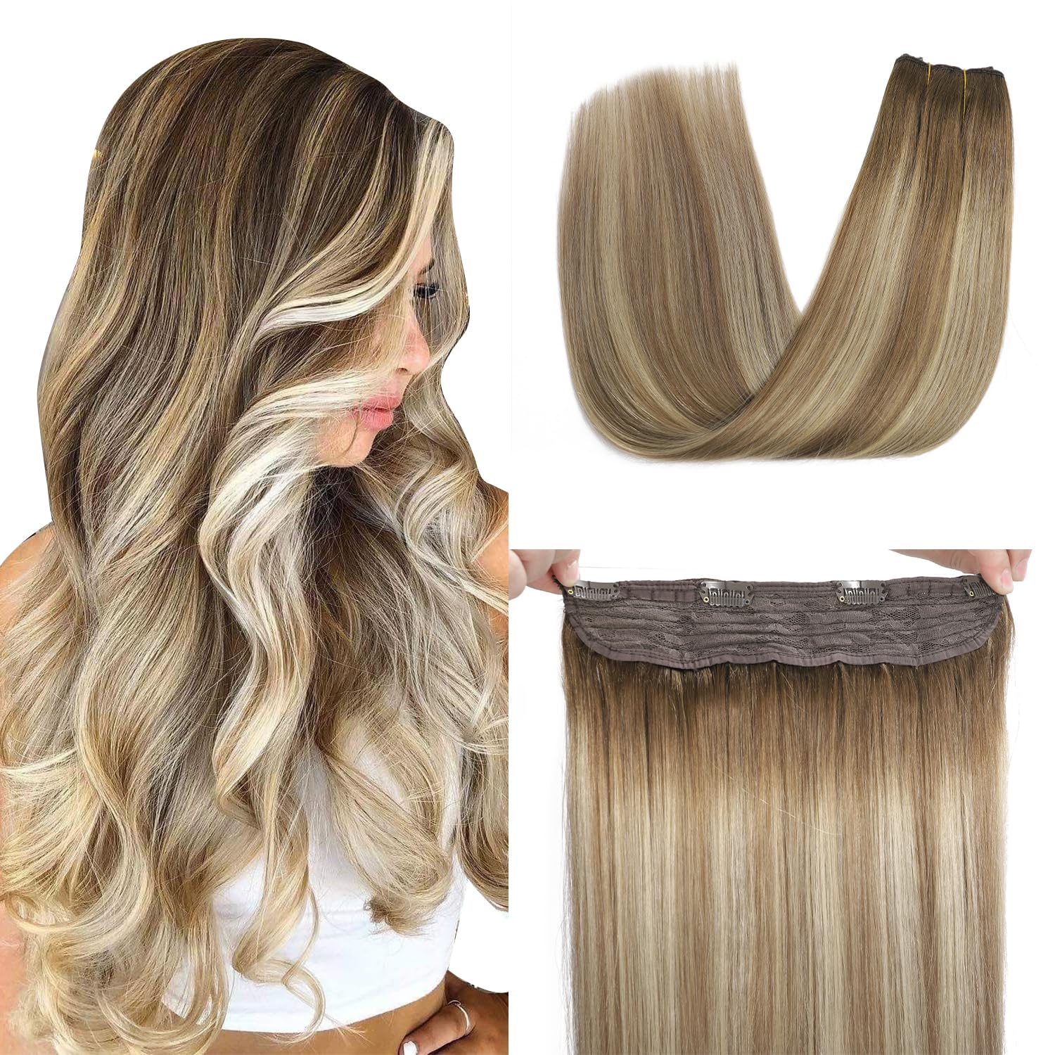 XDhair Wire Hair Extensions 70g 16 Inch Hairpiece Balayage Blonde Real Human Hair Extensions with Invisible Secret Fish Wire,Walnut Brown to Ash Brown and Blonde #3/8/22 16 Inch