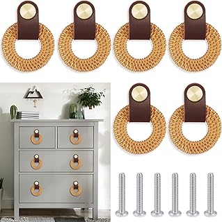 ETIUC 6 Pack Rattan Dresser Knobs Leather Drawer Knobs Boho Wicker Woven Rattan Soft Leather Drawer Pulls Handles Cabinet Knobs Furniture Pulls Wardrobe Cupboard Handles Pulls Door Knobs (Natural)