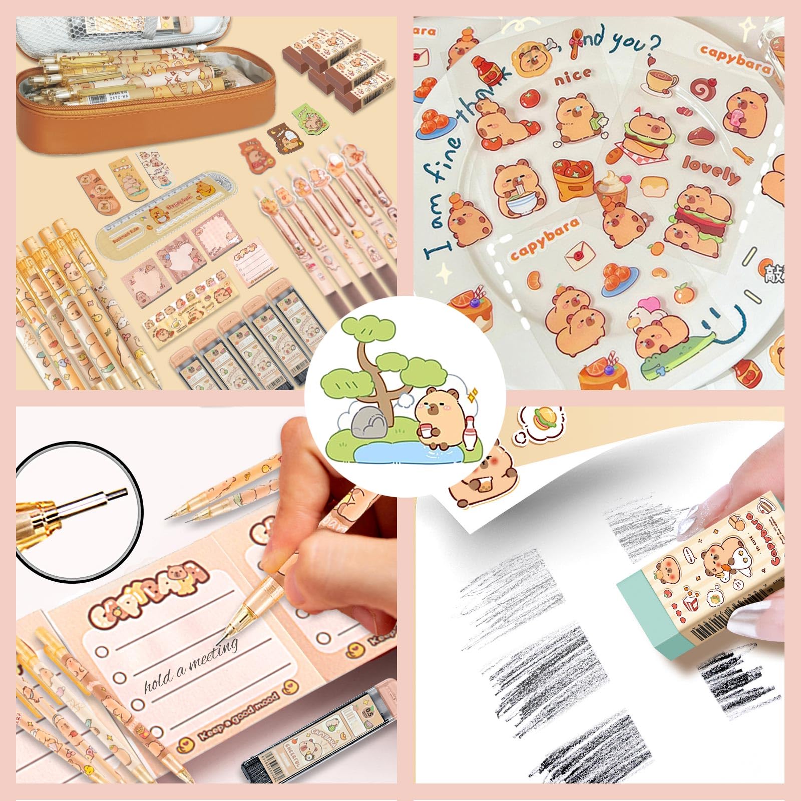 Capybara - Suministros escolares, juego de lápices mecánicos Capybara, regalos de cumpleaños de papelería Kawaii, incluye lápices mecánicos, recambios de plomo, gomas de borrar, calcomanías de