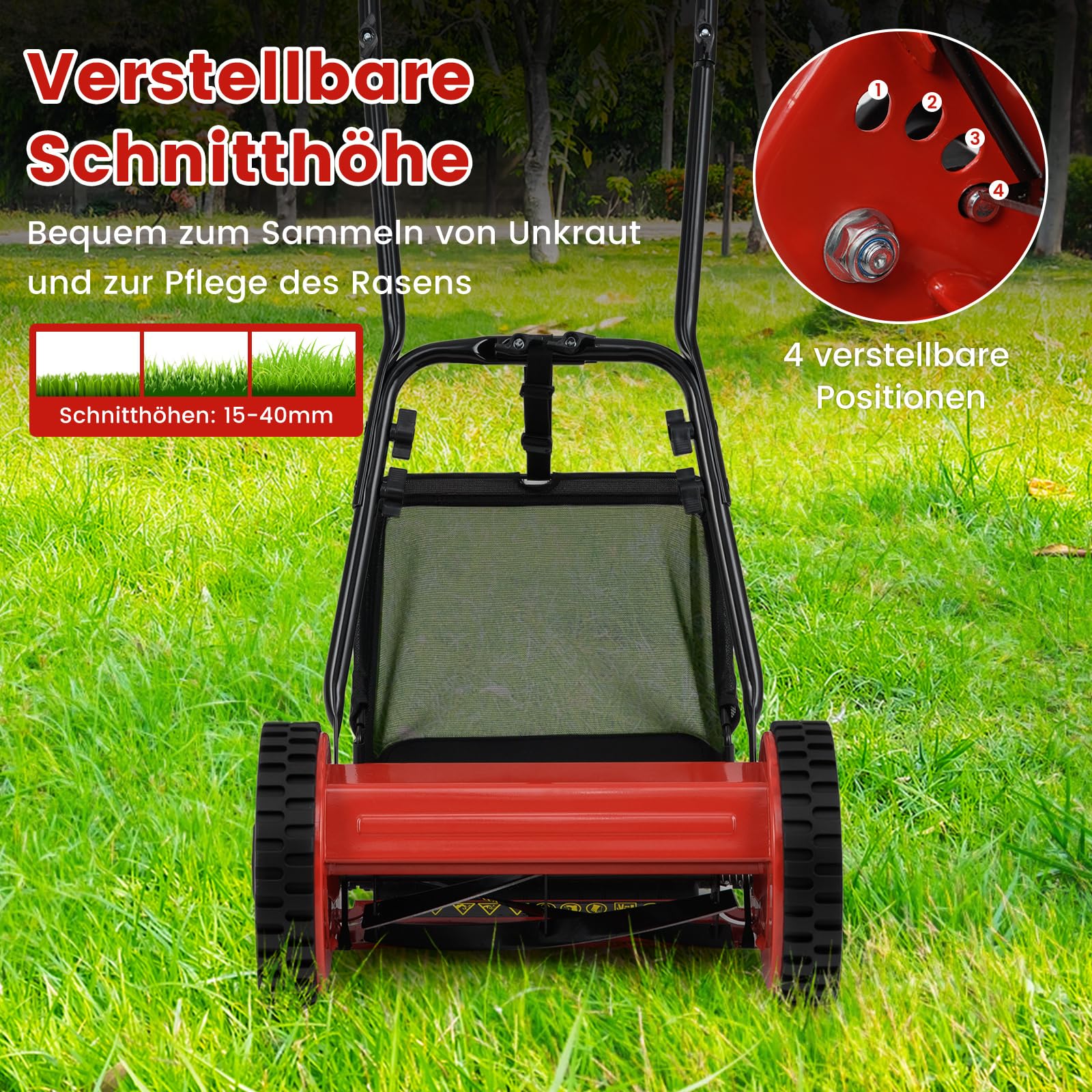 COSTWAY Spindelmäher, Hand-Rasenmäher, 30 cm Schnittbreite, 18,5 Liter Fangkorb, Schnitthöhe 4-Fach verstellbar: 15-40mm, Handrasenmäher mit 5 Messern zur Rasenpflege, leicht und wendig (Rot)