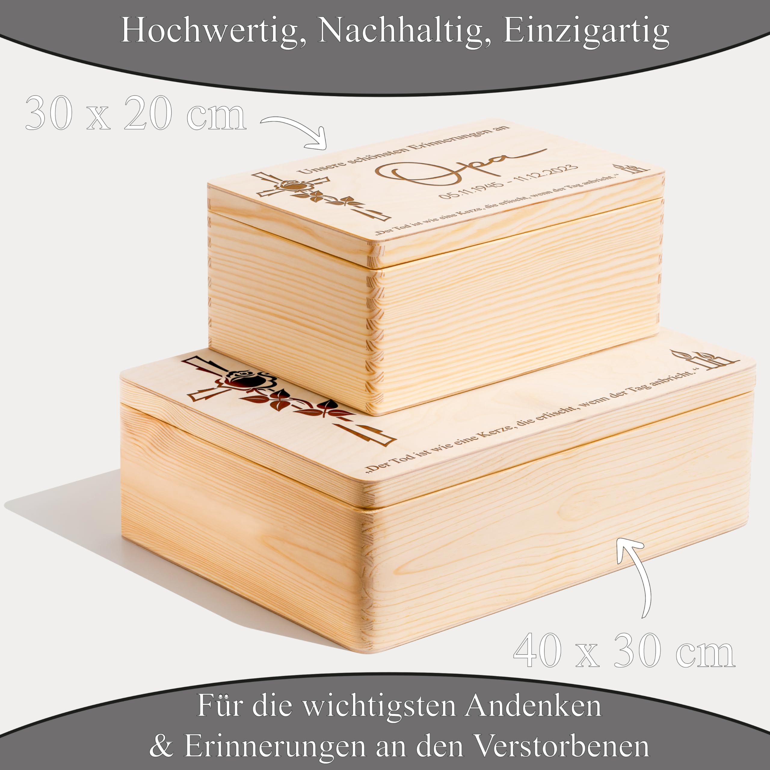 Personalisierte Erinnerungskiste aus Holz Erinnerungsbox Trauerkiste Trauerbox für Erinnerungen an verstorbene Andenken an Oma, Opa, Papa, Mama Holzbox Kiste Box Trauern Trauerbewältigung