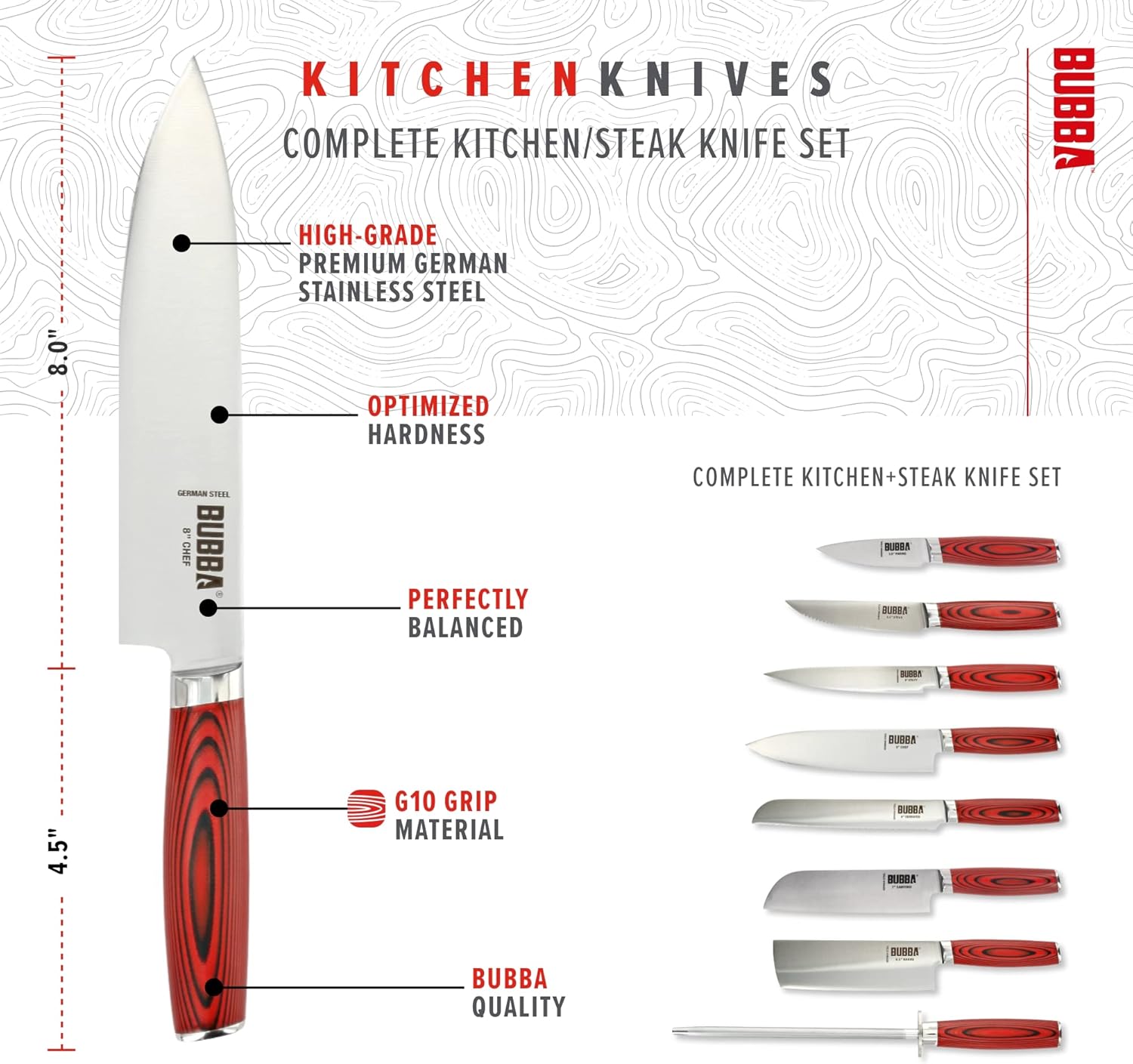 BUBBA Complete Kitchen and Steak Knife Set for all your kitchen cutting needs with G10 Handles, Premium German Stainless Steel and a Parawood Knife Block.