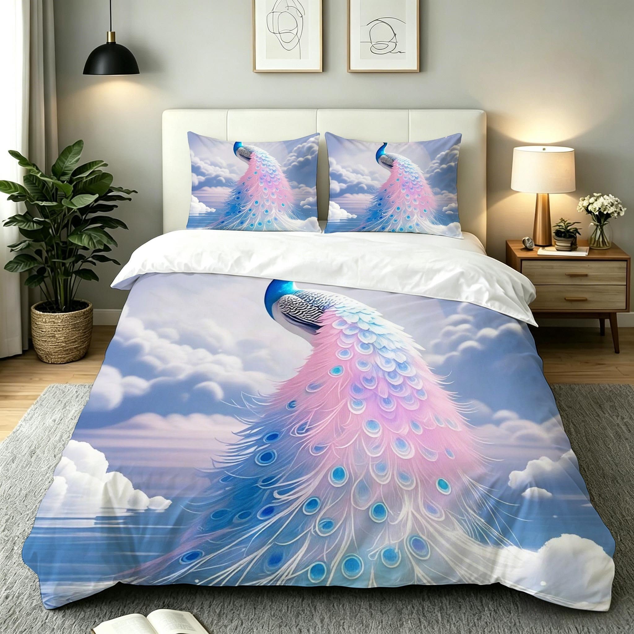 Copripiumino Matrimoniale Pavone Bianco 260x240, ZW804 | Traspiranti Durevoli Microfibra, per Tutta la Famiglia, Matrimoniale, per Tutte le Stagioni, con 2 Federe 50x80 cm