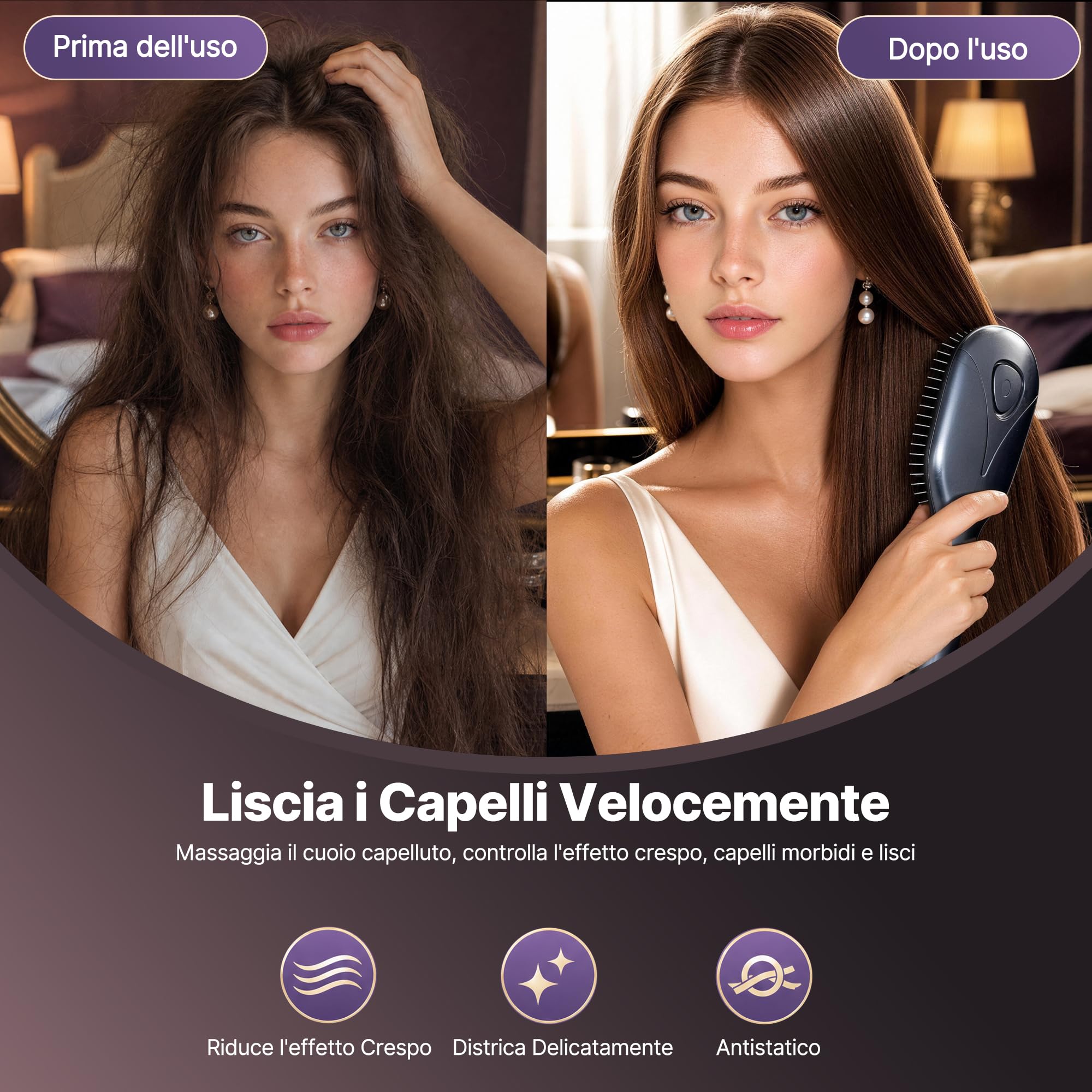 Spazzola a Vapore Capelli | Multifunzionale spazzola lisciante per capelli | 5M ioni Negativi, Massaggio, Luce Rossa 630‑650 nm, Vapore, Setole Antistatiche Cuscinetto Aria, Districante Delicato
