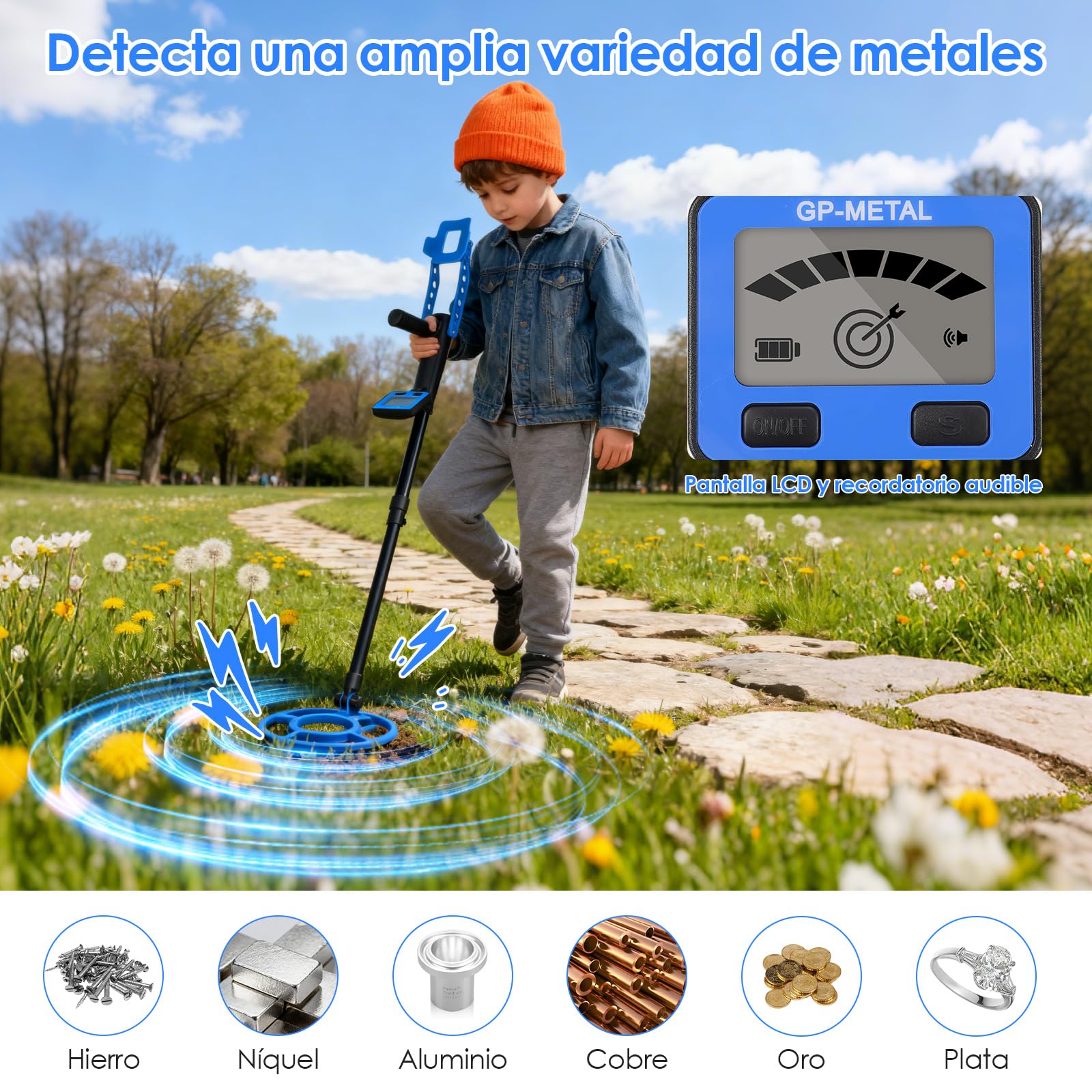 Dreamhigh Detector de metales para niños, detector de metales ligero con mango ajustable, fácil de montar, volumen ajustable, para la búsqueda del tesoro en la playa, en el parque, en el jardín o al
