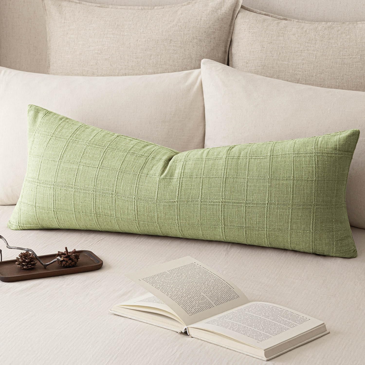 Foindtower Set of 1 Decorative Linen Check Throw Pillow Cover Neutral Long Body Lumbar Cushion Cover Farmhouse Vintage Boho Home Decor for Sofa Chair Couch Bedroom Living Room,14×36 Inch,Light Green