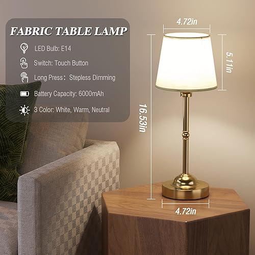 Miniatura 4 de Lámparas de mesa inalámbricas, lámpara de escritorio de tela con atenuación continua, 3 colores, batería recargable de 6000 mAh, lámpara de