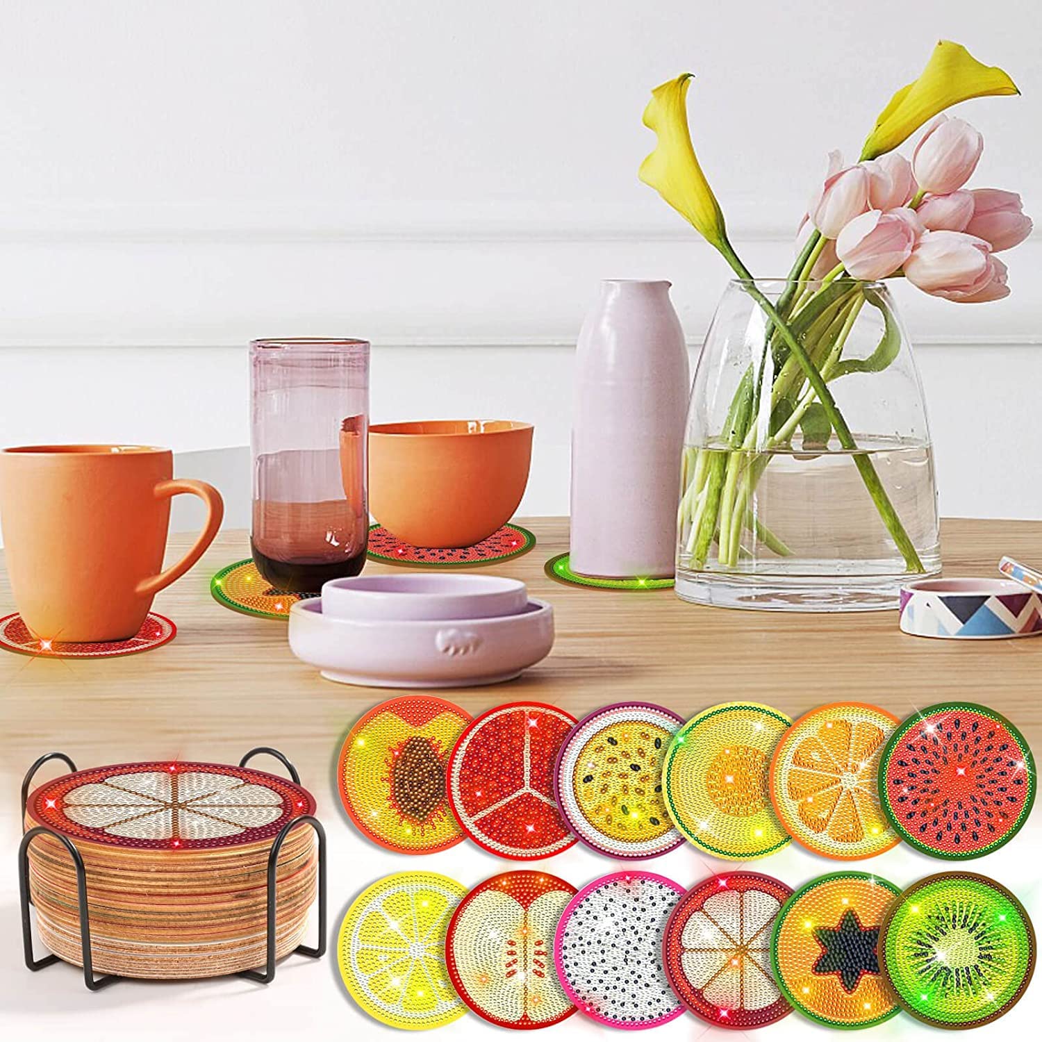 WOOLUCK 12 Pièces Diamond Painting Sous-Verres Fruits - Kit Créatif Avec Support