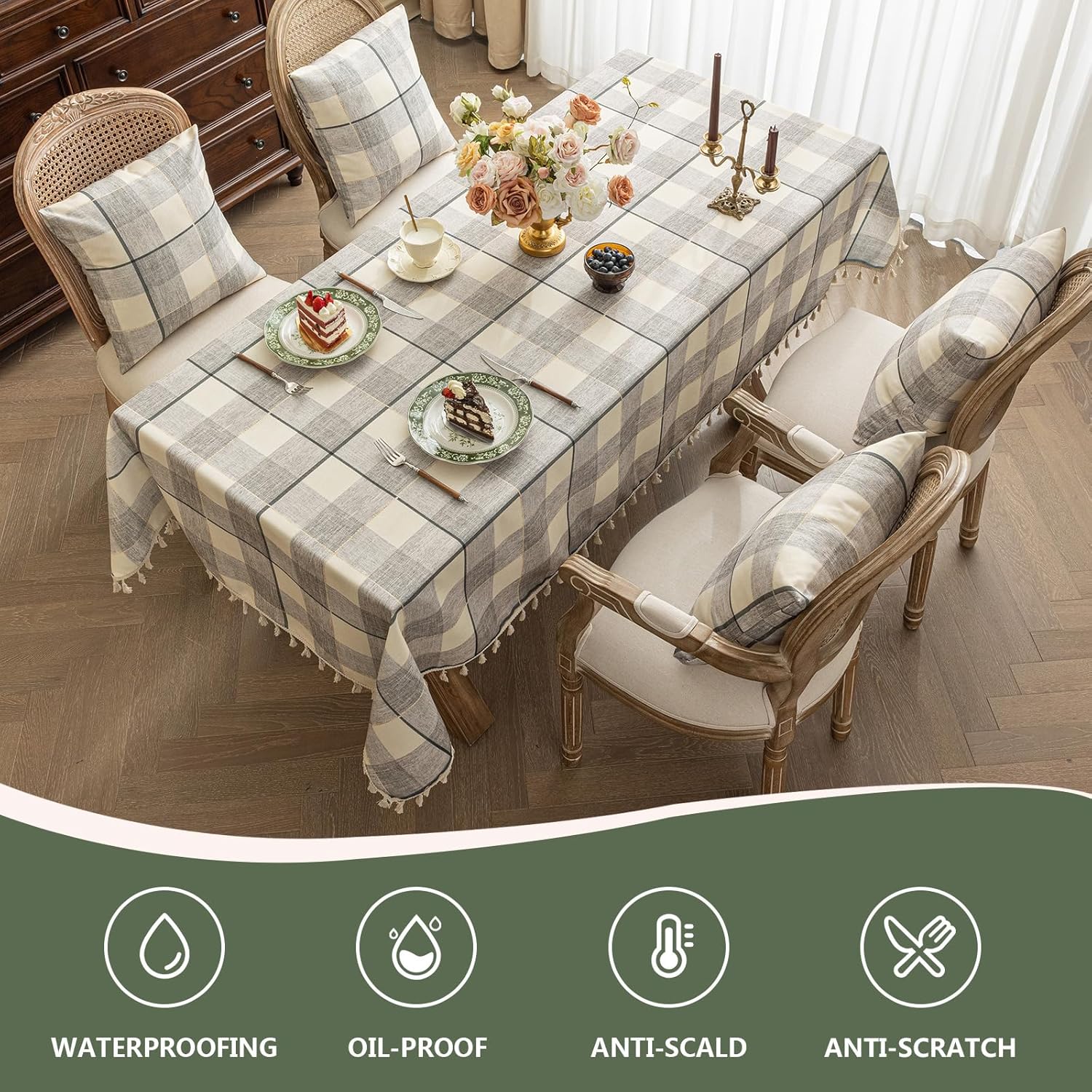 UNBBRRL RV Dinette Tablecloth Waterproof, Dinette Table Covers for RV Camper, Tablecloths for Rectangle Tables with Tassel, Dining Table Cloth with 6 Clips (Check Grey,35" x 55")