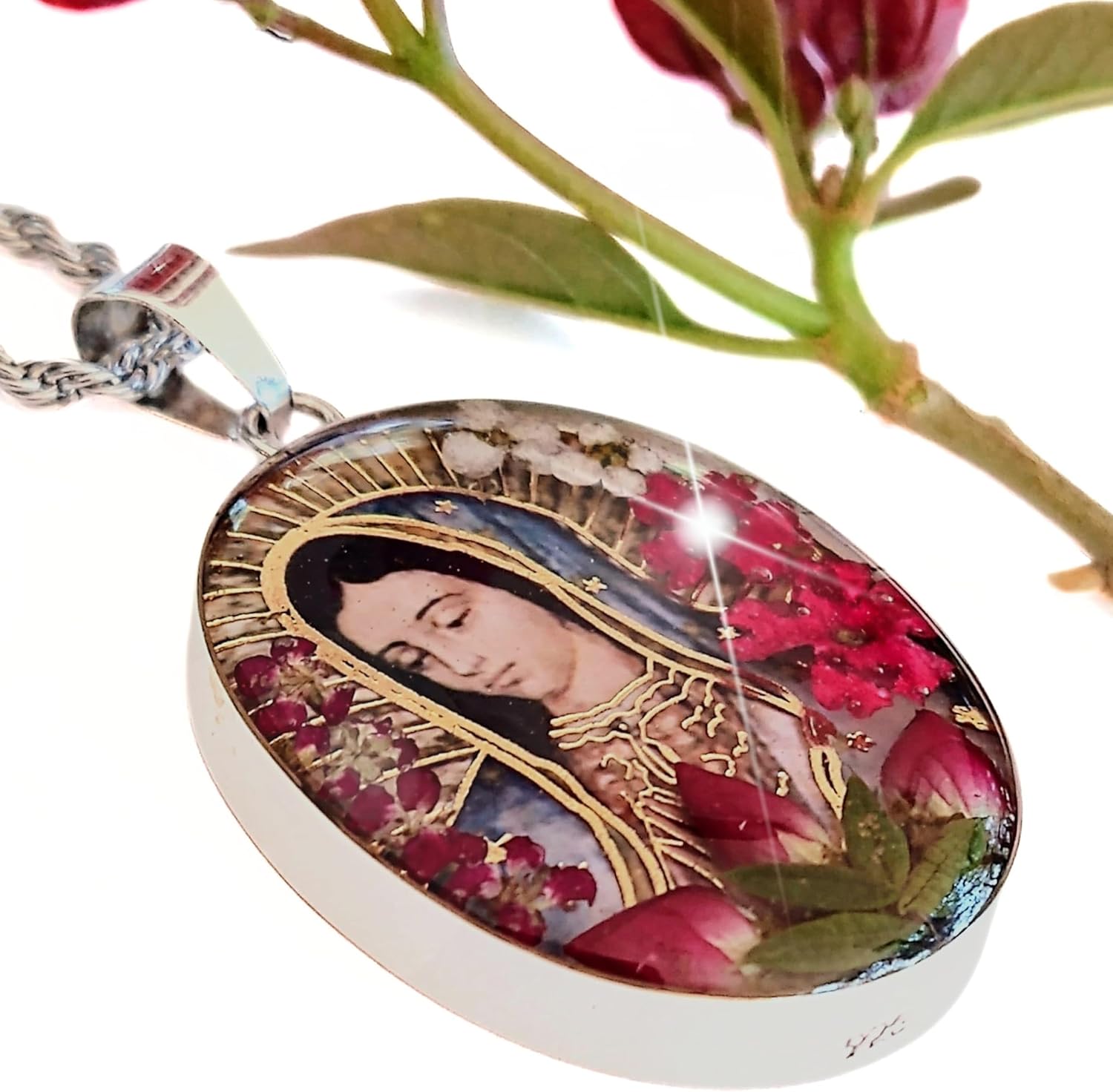 Virgin Mary Necklace Lady of Guadalupe Pendant Medal Pressed Red Flower 925 Sterling Silver with 20" Stainless Steel Chain Medalla Virgen Maria Catholic Religious Mexico Jewelry -Handmade by Mexican Artisans