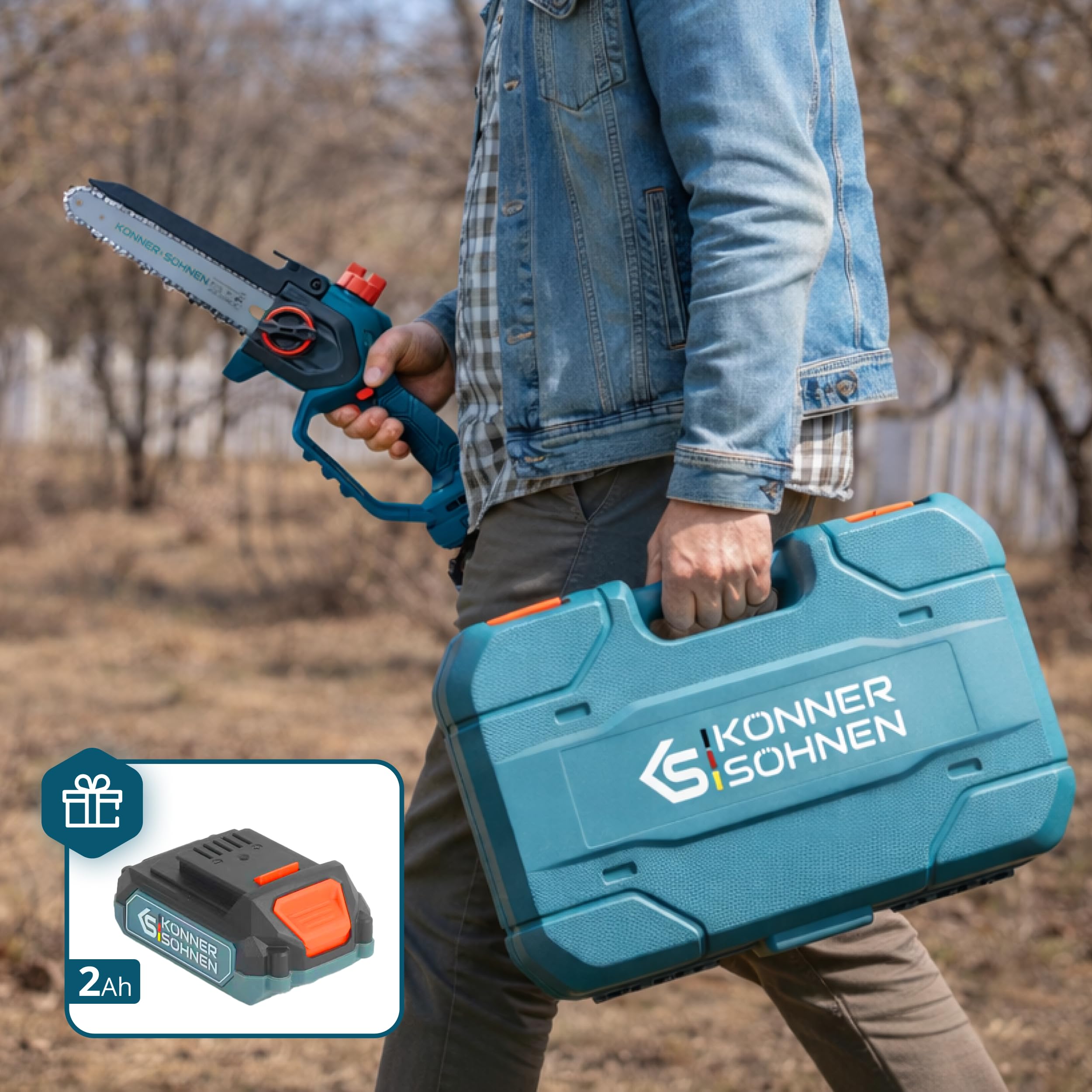K&S Könner&Söhnen KS MCS20V-8 CASE PLUS - Minimotosierra inalámbrica con riel de 8 pulgadas y velocidad de cadena de 8 m/s, cargador de batería de 20 V y 2 rieles y 2 cadenas de 8 pulgadas. Batería KS