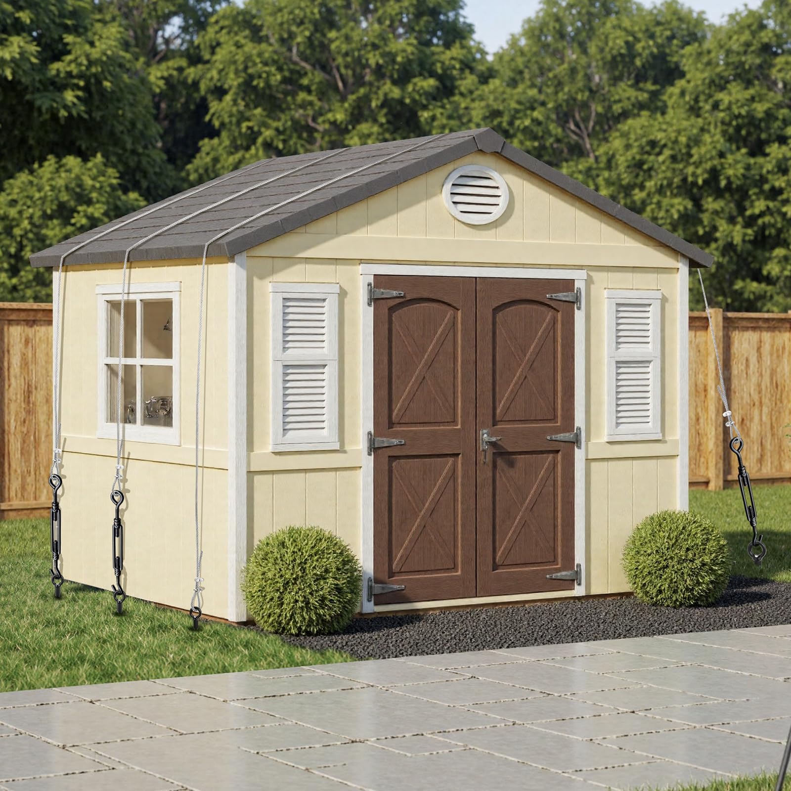 Kit d’Ancrage au Sol 45cm avec 15M Câble Acier & Tendeurs, Lot de 4 Robustes Ancrages de Terre, Kit d’Haubanage Extérieur Contre Le Vent pour Abri de Jardin et Serre, Trampoline, Tonnelle, Tente