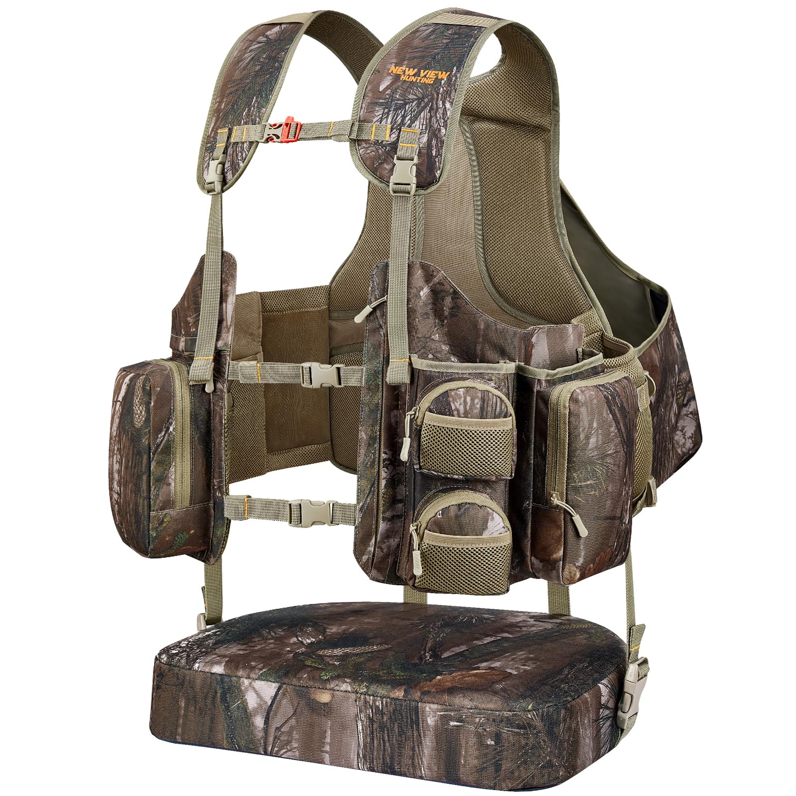 Turkey Vest with Seat, Adjustable Comfortable Turkey Hunting Vest, Removable Cushion, Game Bag, 20 Pockets, for Turkey Hunters