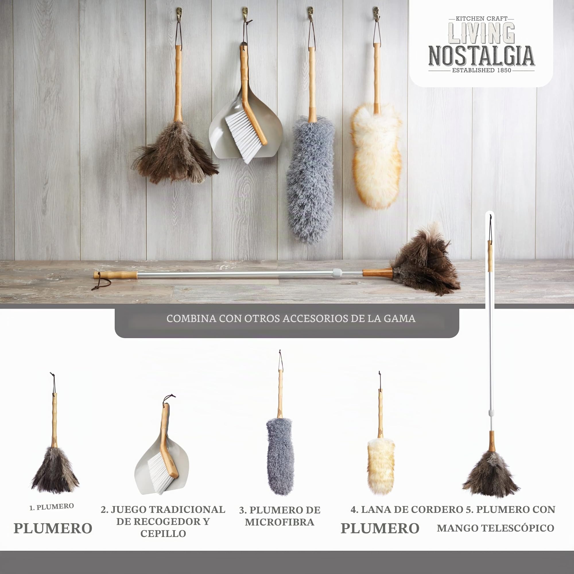 KitchenCraft Living Nostalgia Juego de Cepillo y Recogedor Sobremesa Acero Inoxidable Madera Magnéticos 16 x 11 x 4 cm