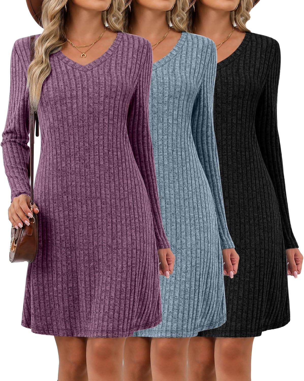 Riyiper 3 Pack Women's V Neck Long Sleeve Dresses, Knit Fall Winter Casual Loose Fit Tunic Sweater Dresses