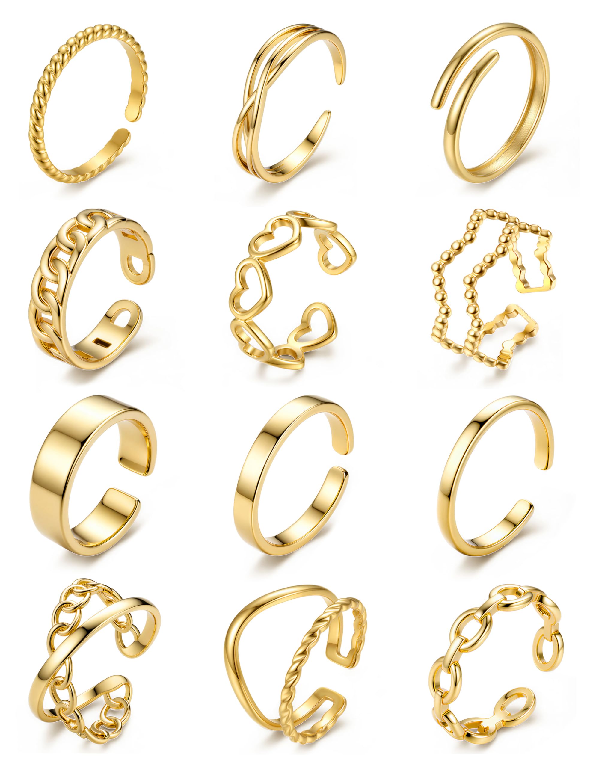 JeweBella 12 Stück Ringe Gold Silber Wasserfest Ring Damen Edelstahl 18K Vergoldete Trendy Stapelbare Offene Ringe Set Frauen Verstellbar Daumenring Fingerring Stapelringe Damen Schmuck