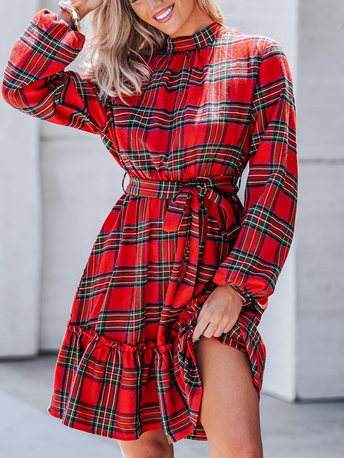 CUPSHE Women's Winter Christmas Dress High Neck Plaid Tie Back Long Sleeve Belted Ruffled Hem Mini Dresses - Image 7