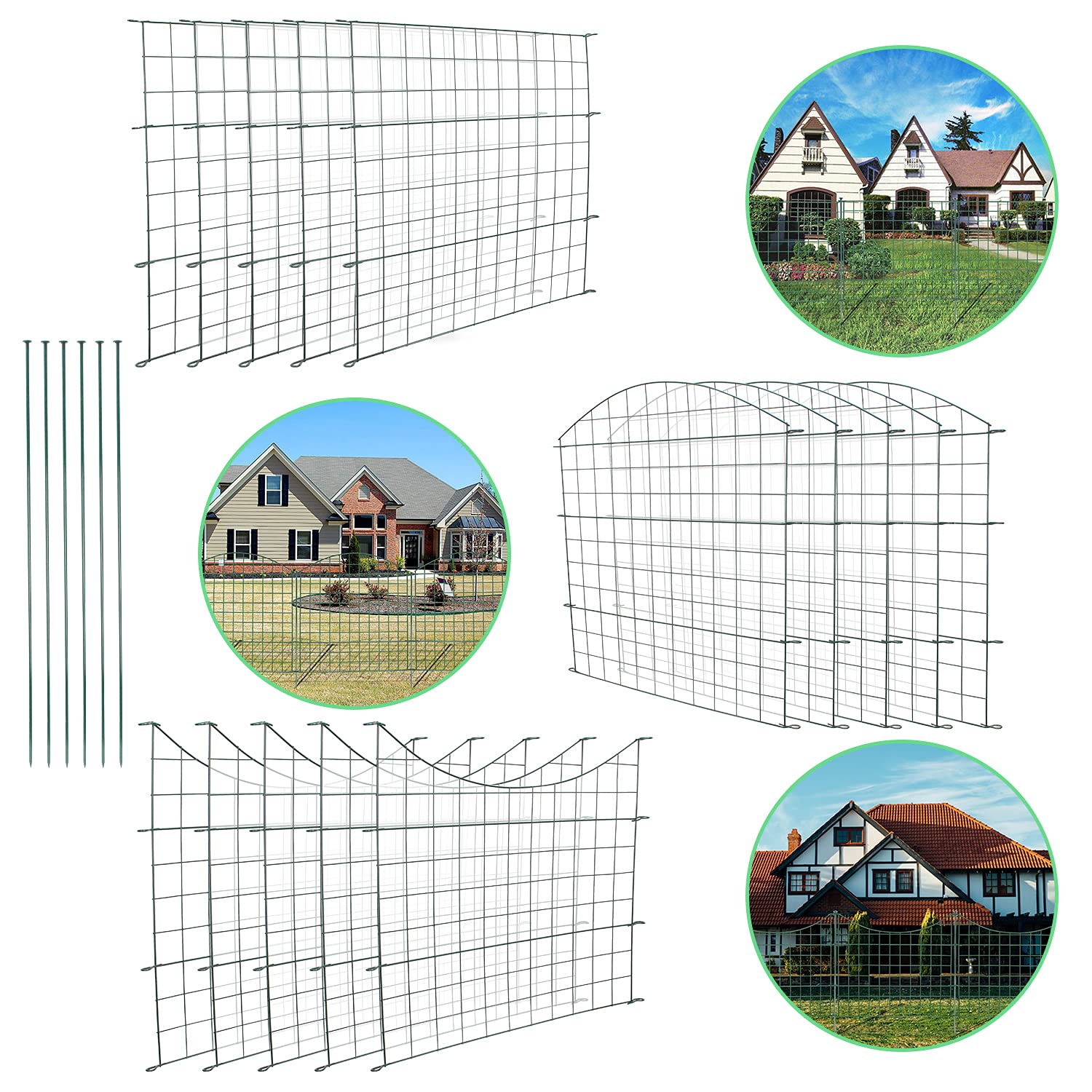 Recinzione Per Laghetto Con Archi - Verde, Metallica, Set Da 11 Pezzi (5 Pannelli + 6 Pali)