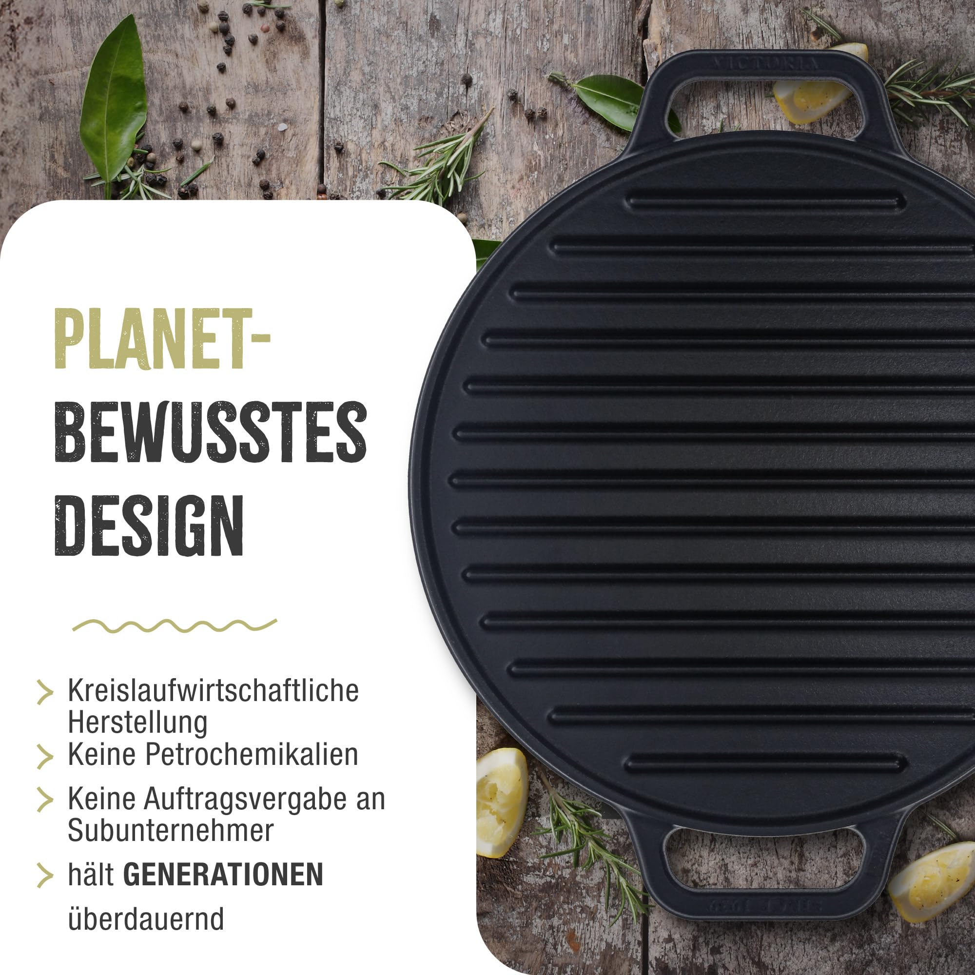 VICTORIA Grillplatte Emailliertes Gusseisen Grillpfanne 32cm Rund, Doppelseitig Verwendbar, für Feuer, Grill, Ofen, Vitrokeramik, Gas, Ohne Schadstoffe und PTFE