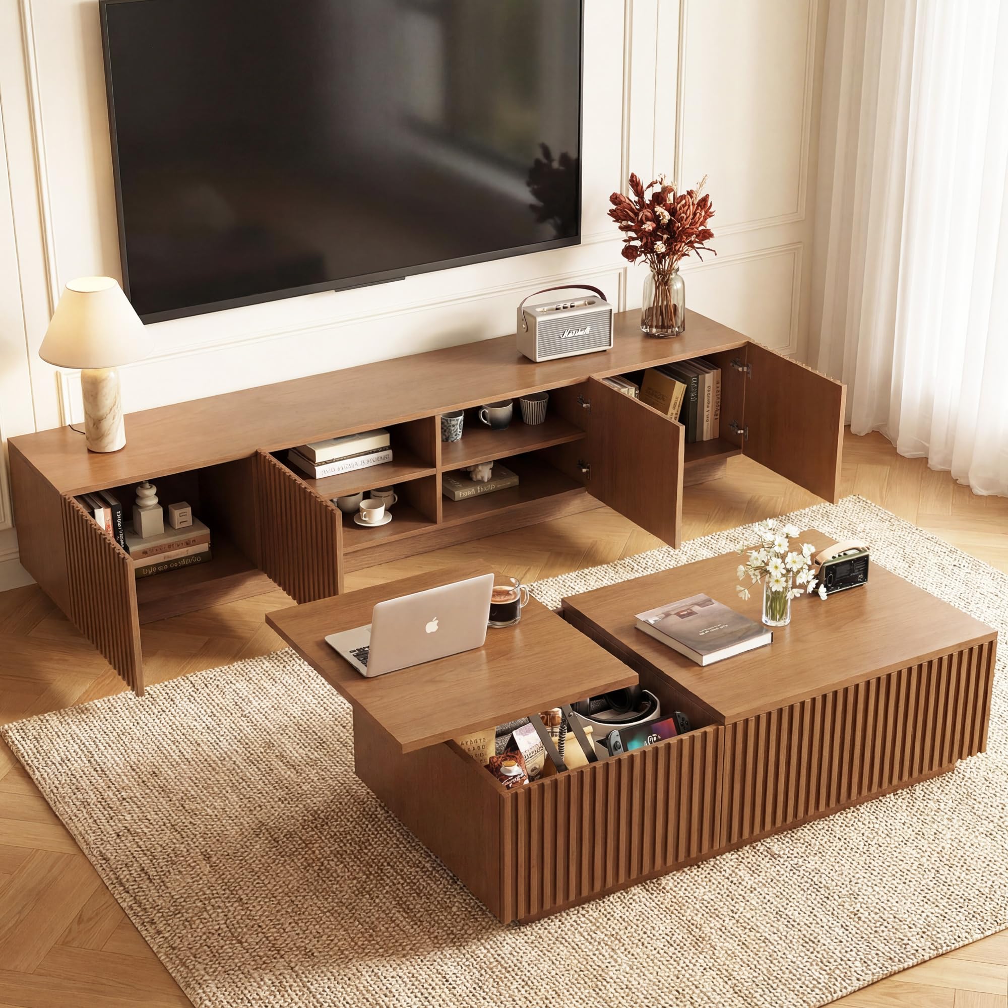 KAANAA TV Schrank 220cm mit Lamellentüren, TV Lowboard Nussfarbe | 220cm TV Lowboard, Lamellentüren, Nussfarbe Holzoptik, großer Stauraum, Kabelmanagement, für Fernseher 75–90 Zoll