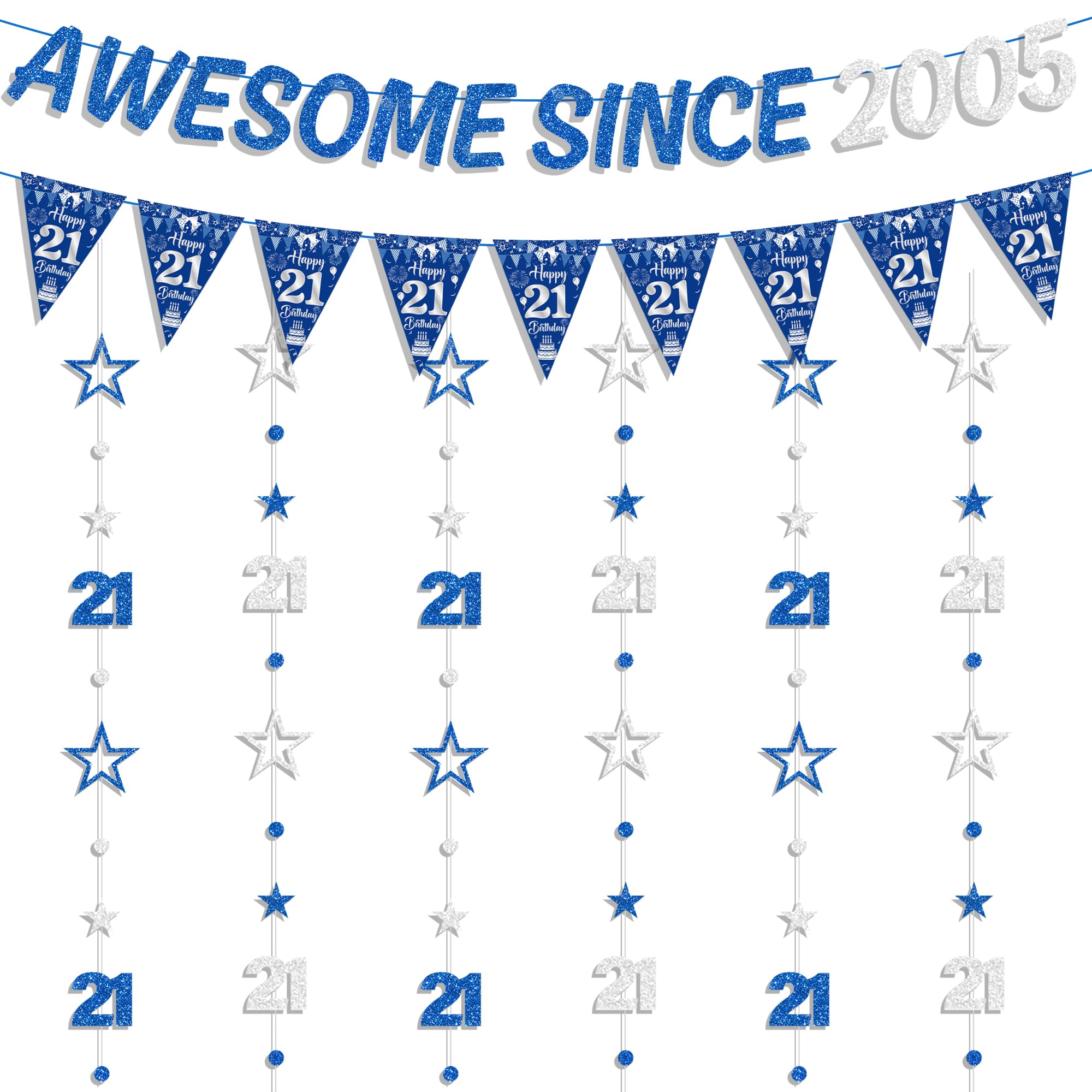 21st Birthday Decorations Banner Boy - 8 Pcs Blue Silver Awsome Since 2005 Banners Triangle Flags Number 21 Circle Dot Twinkle Star Garland for Twenty-one Boys Year Old Party Supplies Decor