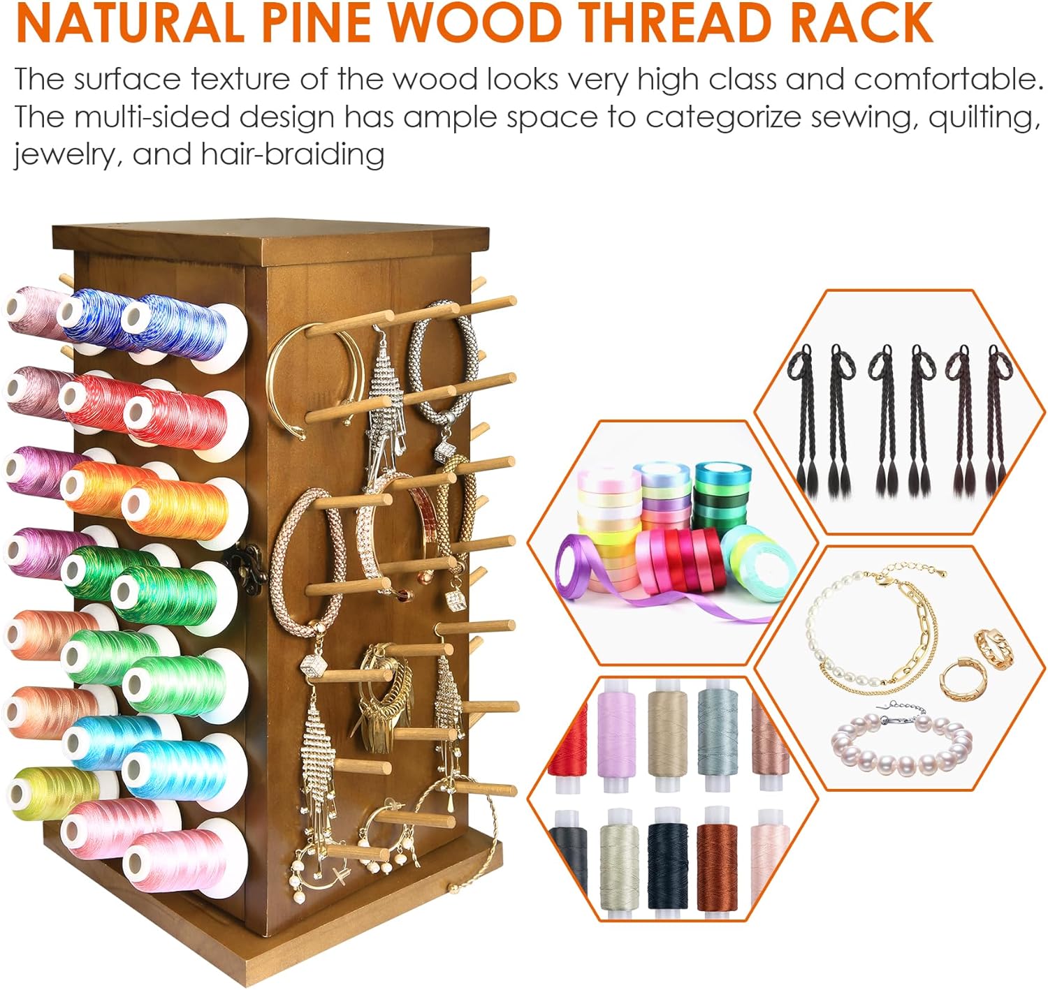 Acacia Wood 84 Spools Thread Rack/Thread Holder Organizer with Inner Storage Compartments, 360° Fully Rotating Thread Storage Organizer for Sewing, Embroidery, Hair-braiding and Jewelry