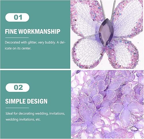 Miniatura 9 de BESPORTBLE 50 piezas de decoración de mariposa de malla morada para decoración de boda, mariposas de alambre con purpurina para el hogar y centros