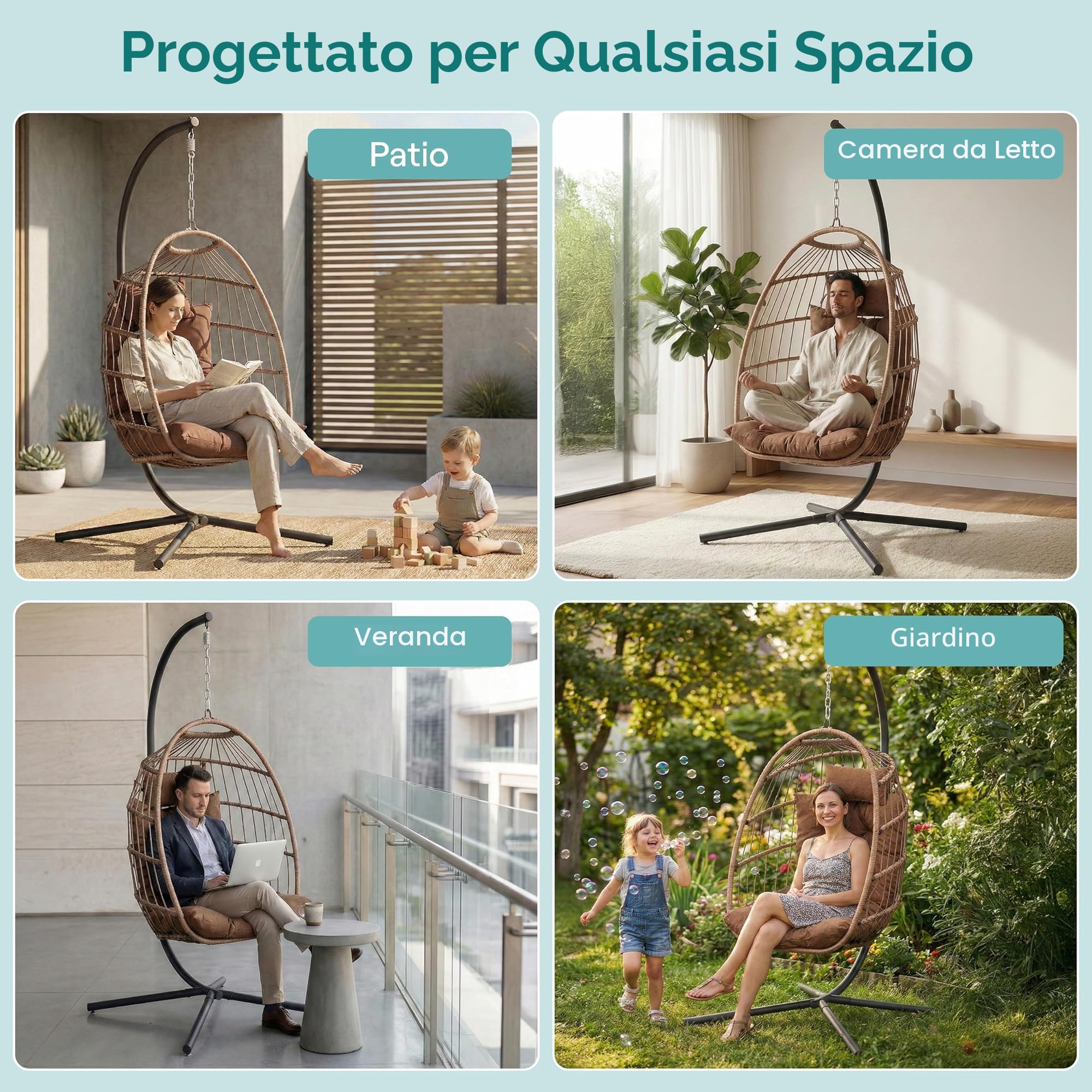 SereneLife Sedia a Dondolo a Uovo con Supporto, Capacità Fino a 250 Kg, Sedia Sospesa Poltrona a Dondolo in Rattan con Struttura in Acciaio Verniciato a Polvere per Casa e Giardino con Cuscino