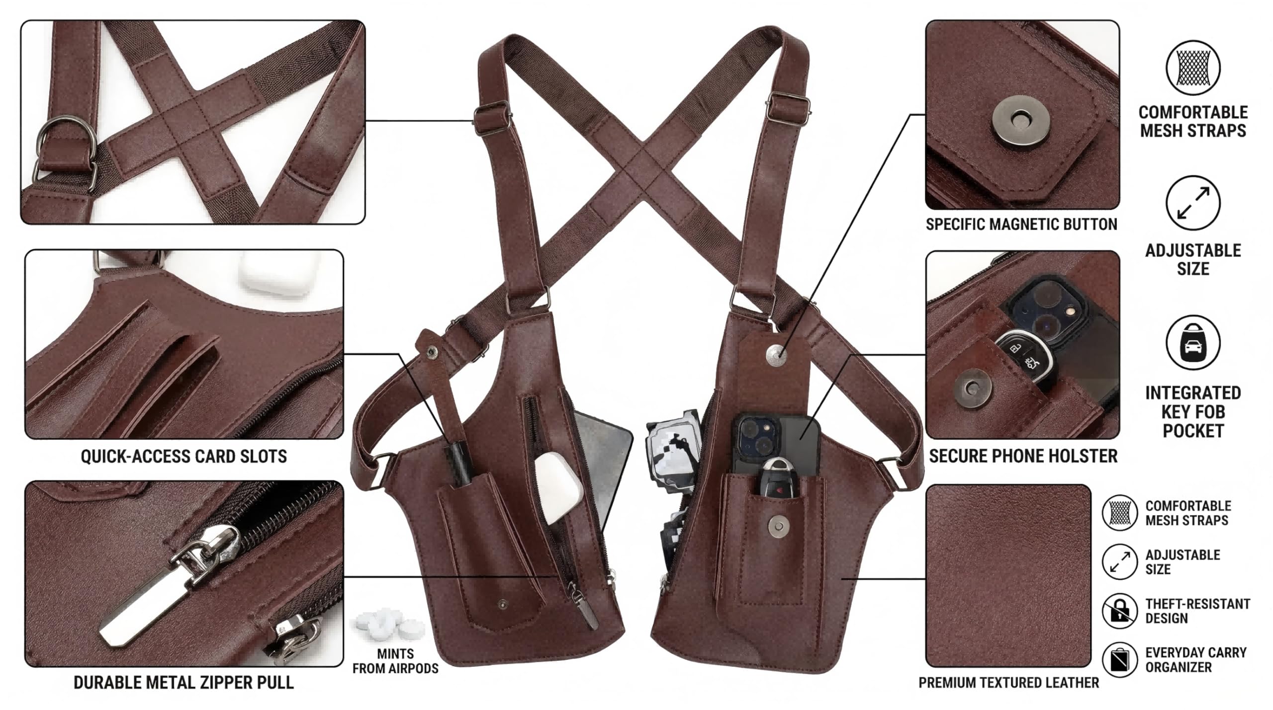 Bolso de hombro y antebrazo para hombre de piel antirrobo, diseño con varios bolsillos y correas de hombro ajustables ocultas