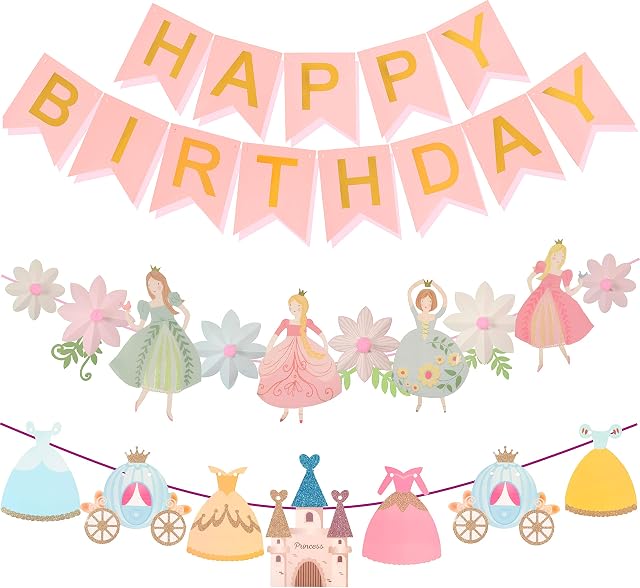 FIRST BIRTHDAY DECORATION SET Gold Cake Topper "One", Purple Banner Fiesta Hanging Paper Fan Flower Bundle with Purple Happy Birthday Banner (Happy Birthday Decoration) 24 PC