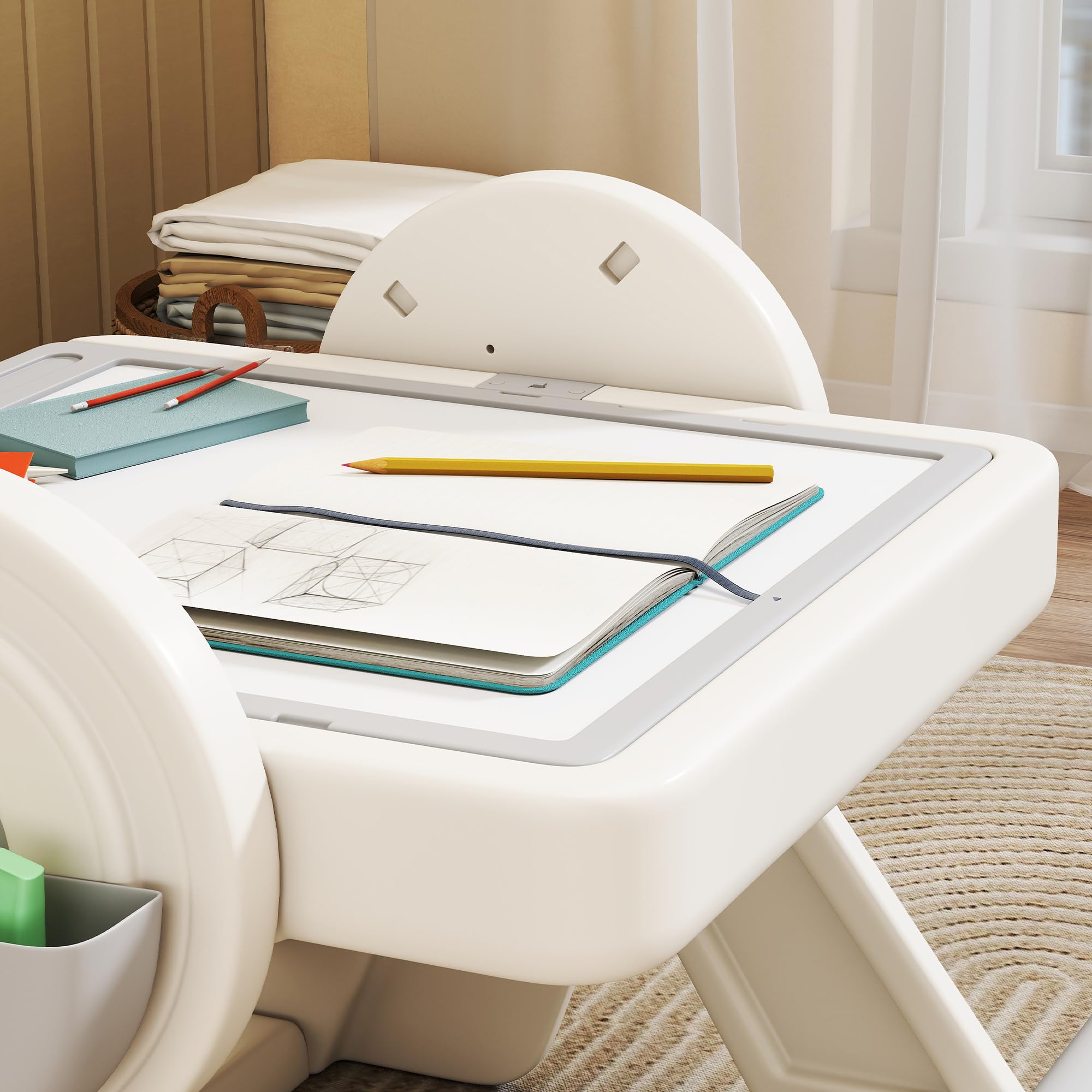 AIYAPLAY Set Tavolo e Sedia Bambini 3 in 1 con Tavolo da Costruzione | Lavagna, Cavalletto Convertibile, Contenitori, Tavolino Multiattività con Sedia in Plastica, 2-4 Anni, Cameretta