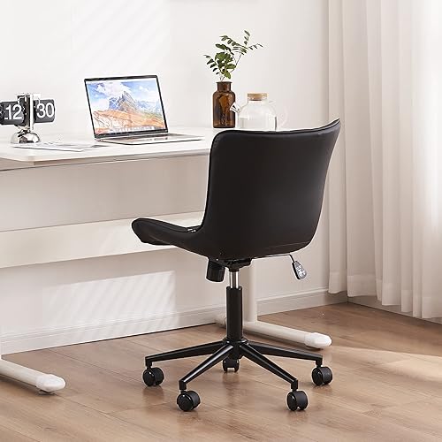 Miniatura 36 de YOUTASTE Silla de oficina marrón, moderna silla de escritorio sin brazos con respaldo, silla giratoria ajustable de piel sintética con ruedas, base