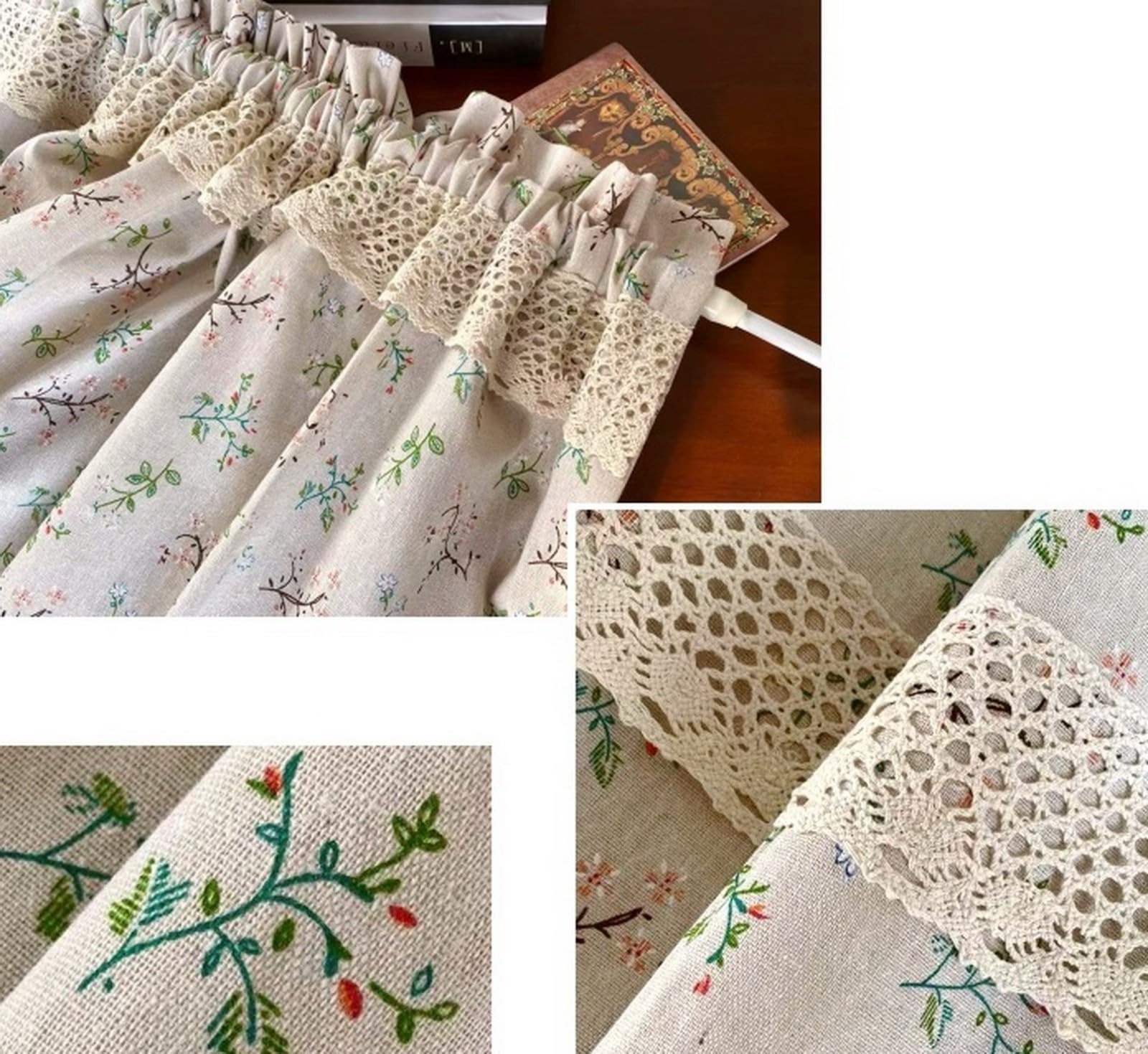 A.Monamour Cortina Cocina Ventana Puerta Corta Pequeña Granja Rural Floral Algodón Lino Ganchillo Encaje Opaco Bolsillo para Varilla Panel Cenefa Rustica Bistro para Dormitorio Café Baño Habitación