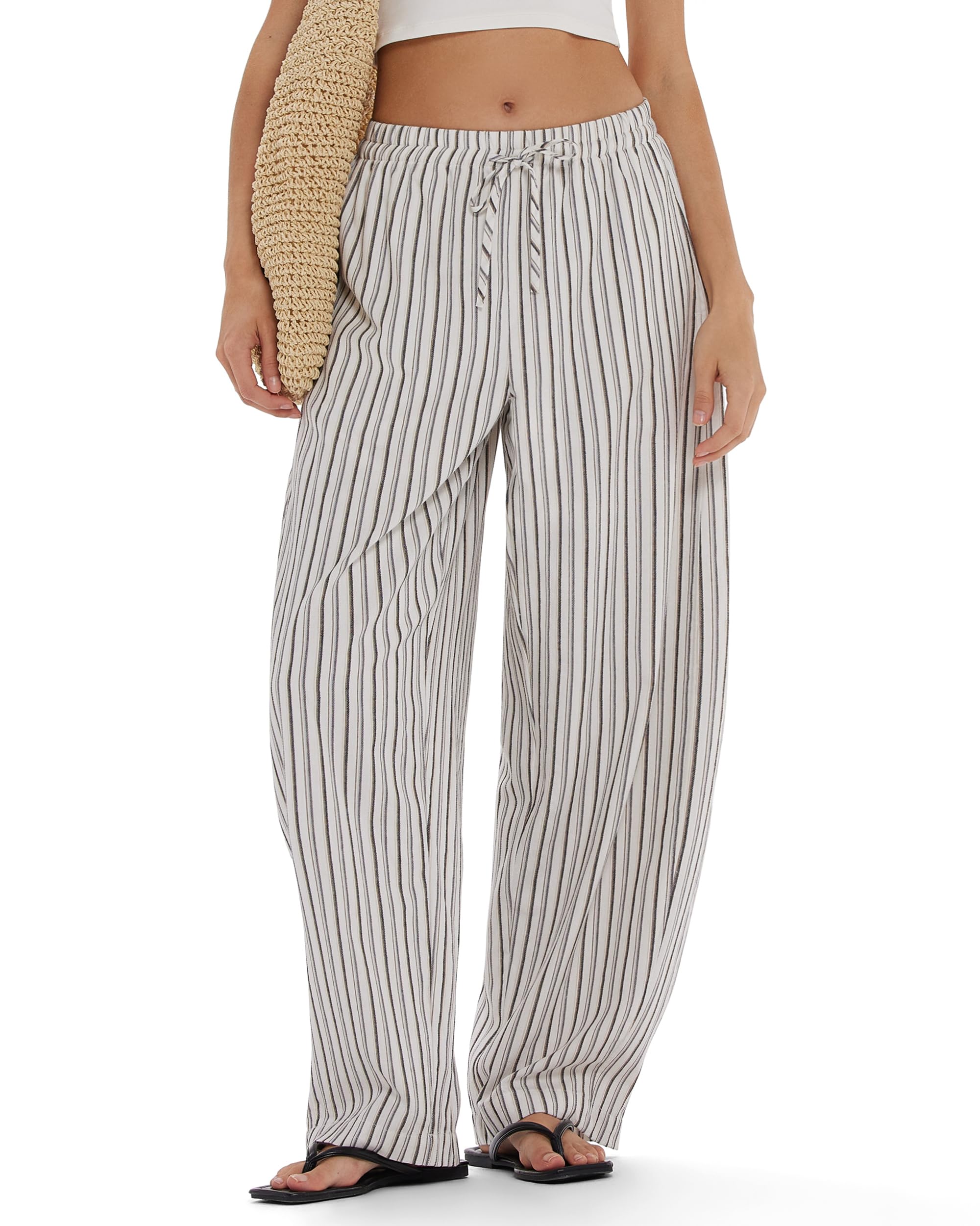 MOOSLOVER Women Linen Lightweight Barrel Pants Drawstring Comfort Casual Lounge Pants Baggy Loose Ankle Pants with Pocket