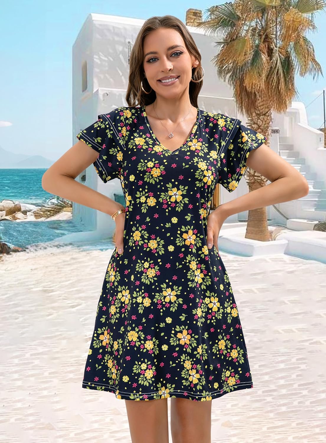 Summer Dresses for Women 2025 Beach Casual Sundress Floral V Neck A-line Dress Short Ruffle Sleeve Boho Dresses with Pockets - Image 3