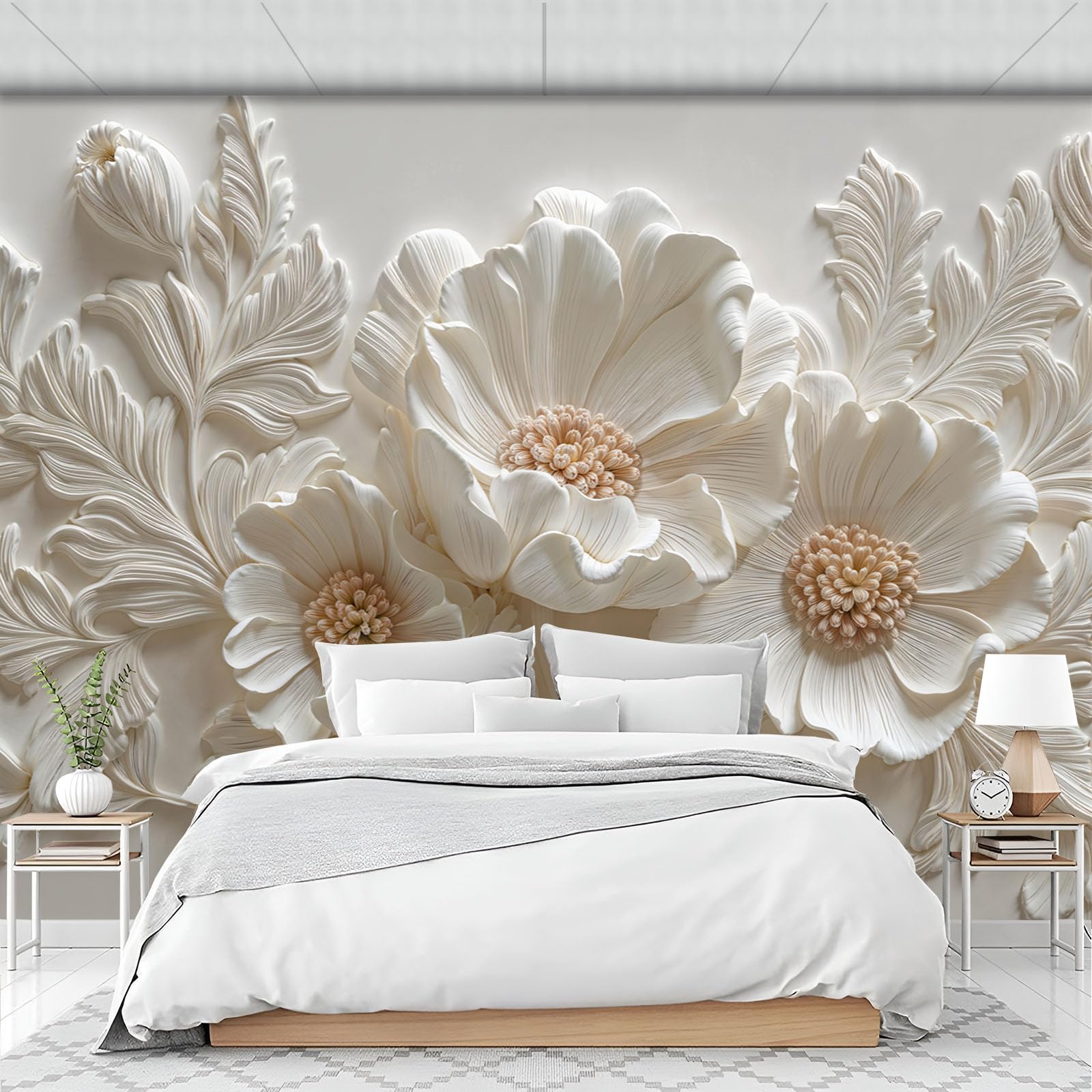 3D Carta Da Parati Panoramica Fiori E Foglie In Gesso, 350x256cm Carta Da Parati in Seta Arte Del Rilievo Classica, Decorazioni Murali per Camera, Soggiorno, Poster Xxl Da Parete Grande Affiche