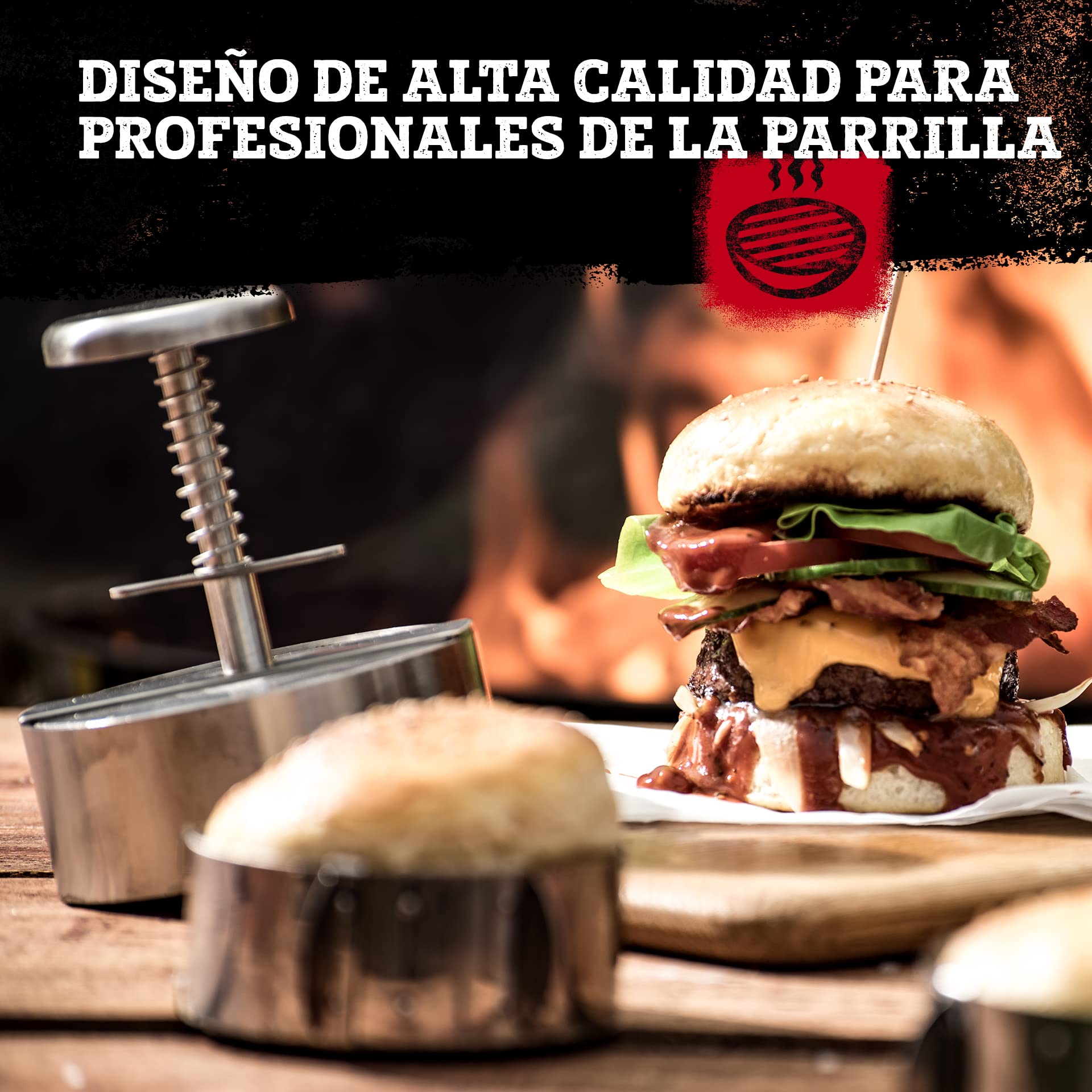 FM Professional Prensa Hamburguesas Profesional XXL Molde de gran tamaño en Acero Inoxidable para Carne, Pescado, Burger Vegana, Filetes Rusos Apta para lavavajillas, 14x11,5cm, 1 ud.