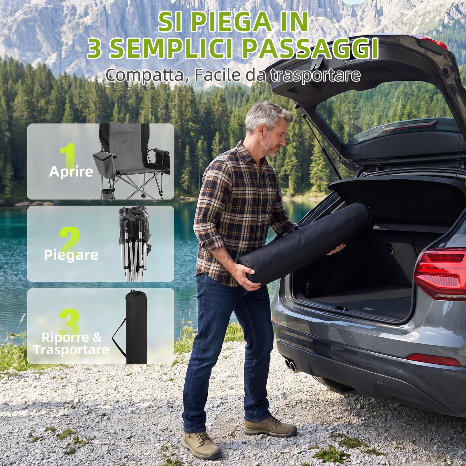 Sedia da campeggio pieghevole, 200 kg, XXL, con schienale alto, comoda sedia da campeggio con portabicchieri, borsa per ghiaccio, leggera, per campeggio, escursionismo, spiaggia, Set di 1