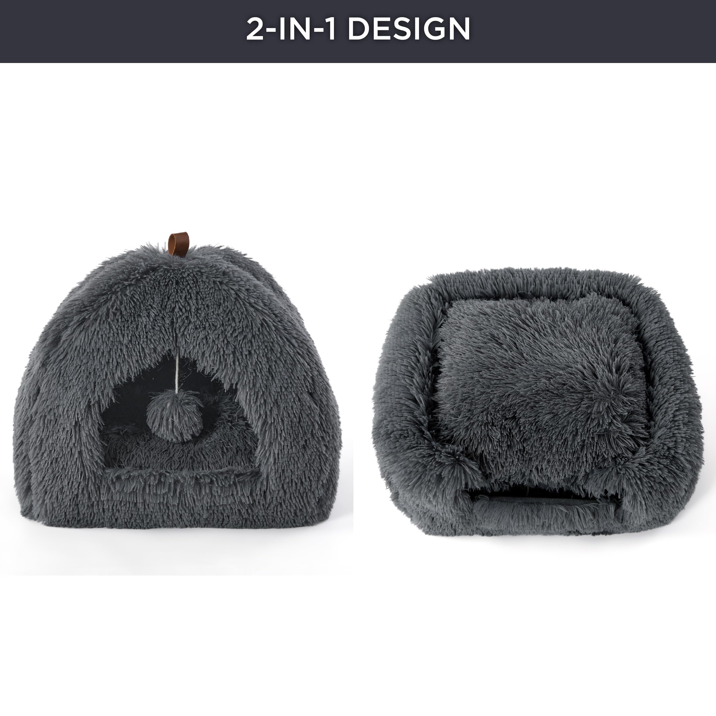 Bedsure Cat Cave Bed Igloo, Fluffy Cat Bed House with Removable Washable Cushion Pillow Foldable Portable Pet Bed - Image 3