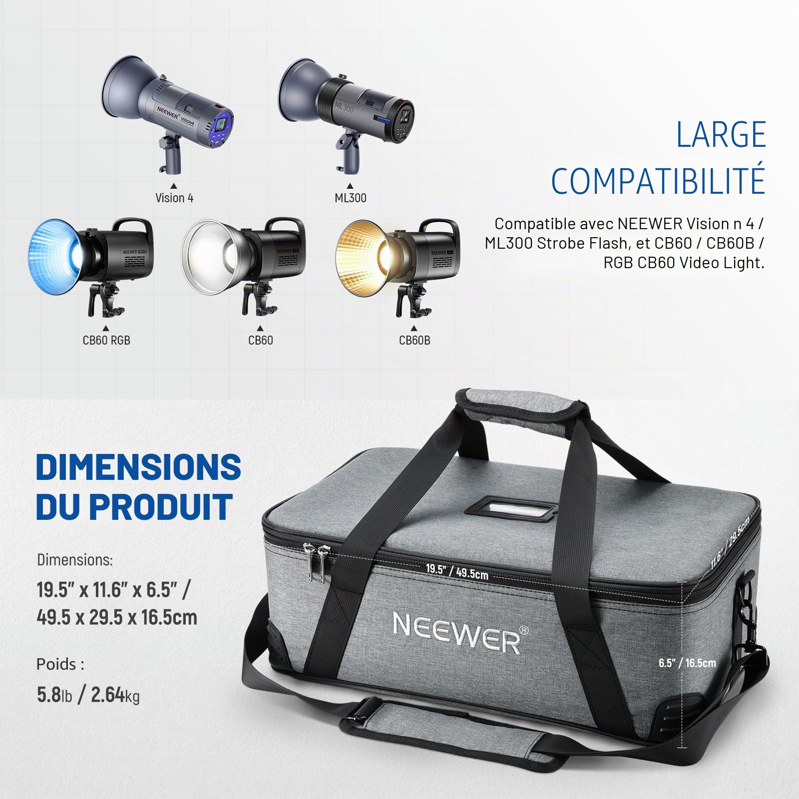 NEEWER Sac de Transport avec Compartiments Rembourrés en Mousse Mobiles pour NEEWER Studio lumière Vision 4 ML300 CB60 CB60B RGB CB60,Sac de Transport Durable en Tissu Oxford avec Bandoulière,PB5