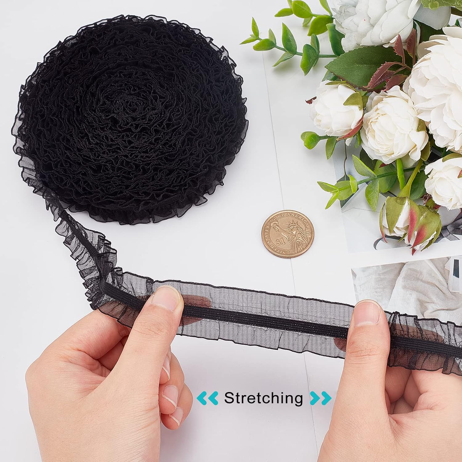 GORGECRAFT 10Yds Organza Ruffled Pleated Lace Fabric Trim Ribbon 1 inch/25mm Black Double Satin Elastic Stretch Lace Edge Trimmings Gathered Ruffle Fringe Appliques Patches for Dress Wedding Collars