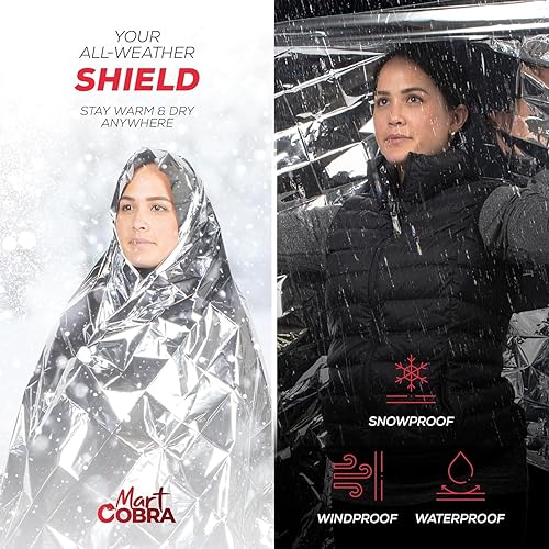 Vista 16 de Mart Cobra Paquete de 25 mantas de emergencia de Mylar espaciales, equipo y suministros de supervivencia, reutilizables, térmicas, esenciales