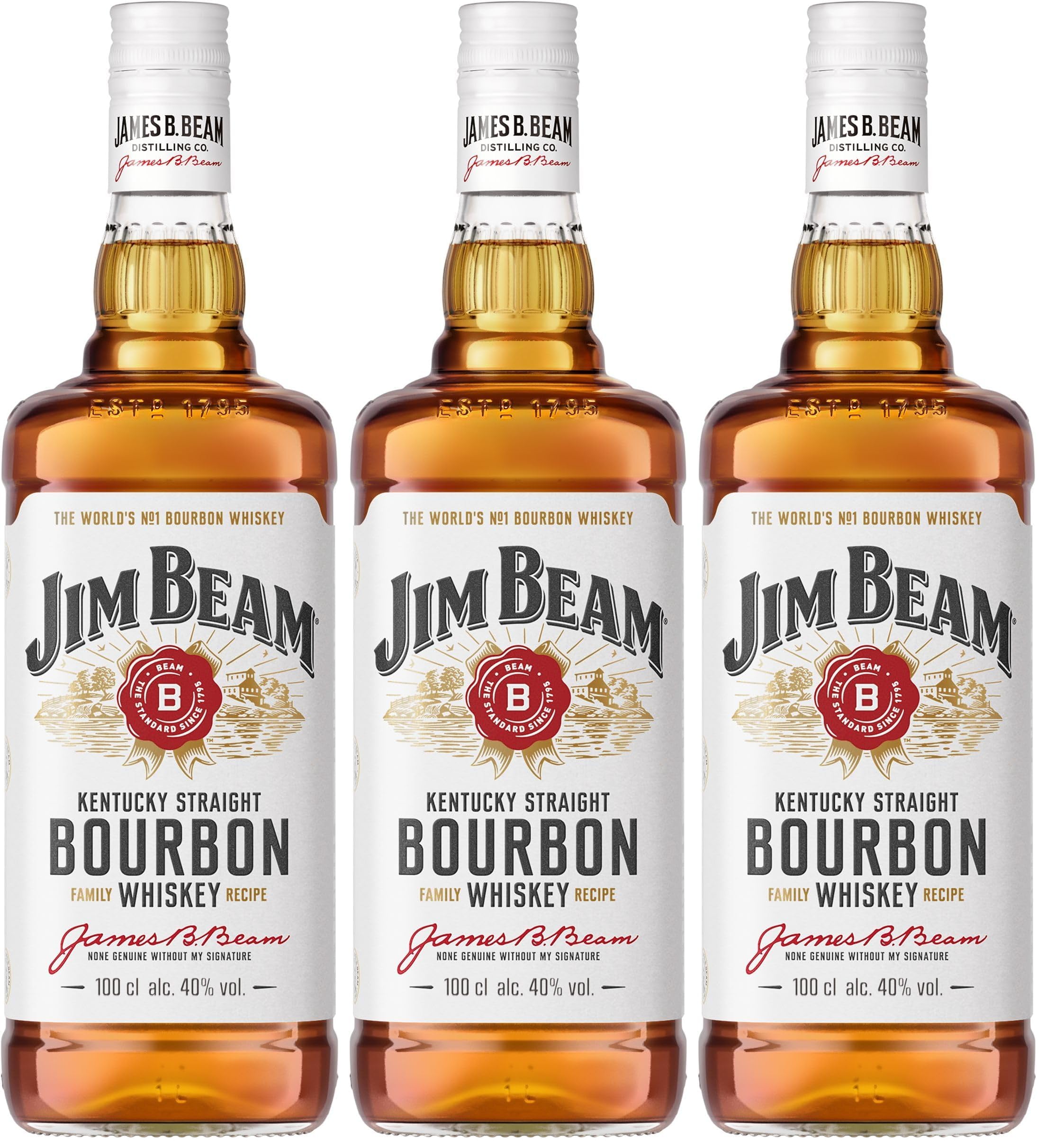 Jim Beam Kentucky Straight Bourbon Whisky, Bourbon distillato a bassa temperatura da un mix di cerali, 4 anni di invecchiamento - 1 bottiglia da 1L (Confezione da 3)